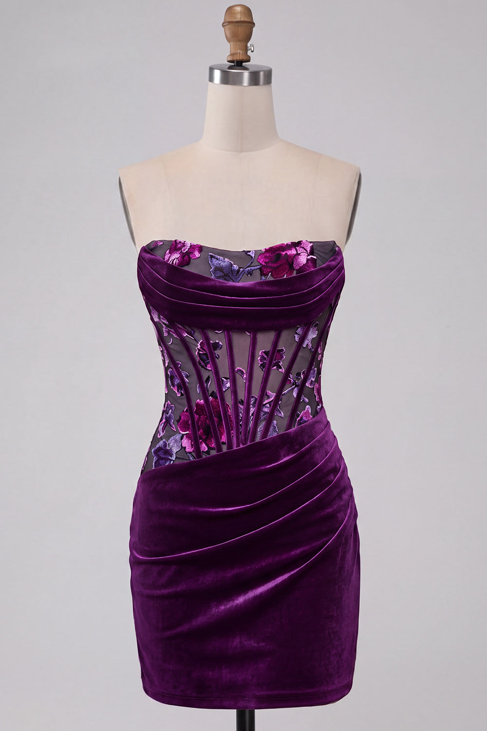 Floral Corset Plum Strapless Tight Short Homecoming Dress