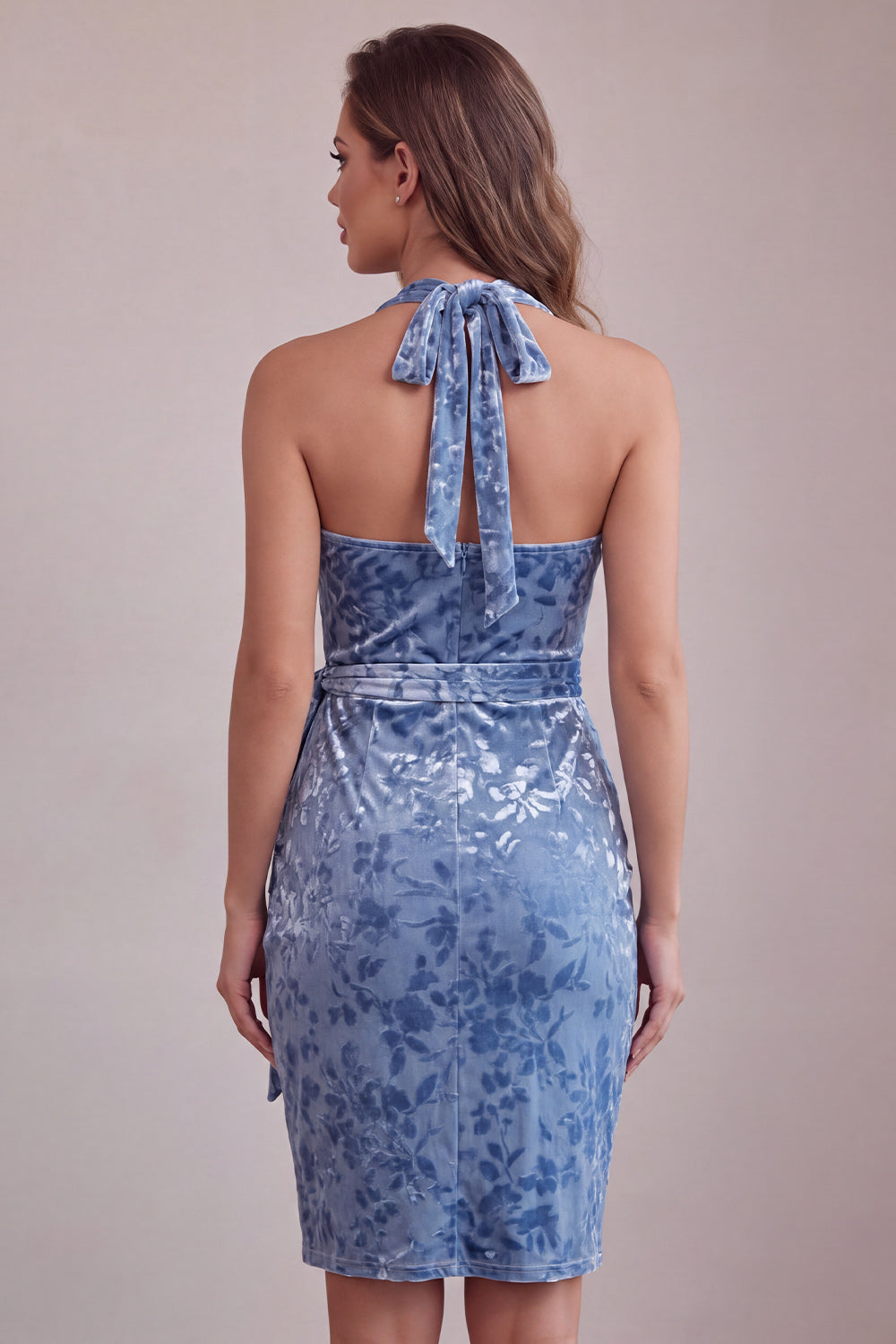 Floral Slate Blue Velvet Halter Tight Short Homecoming Dress with Bow