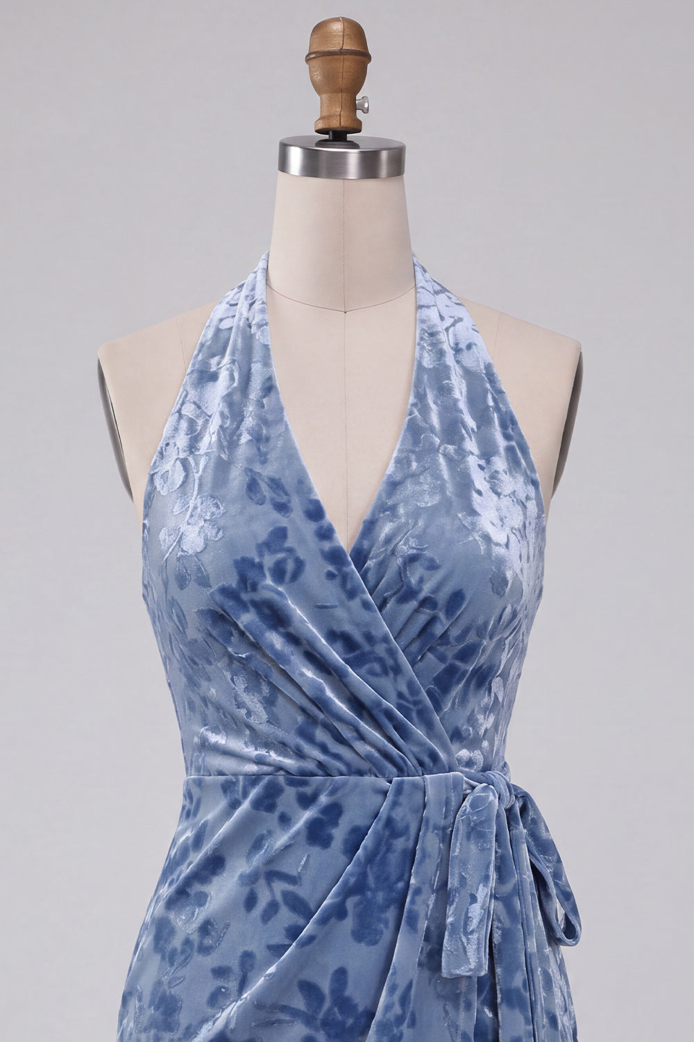 Floral Slate Blue Velvet Halter Tight Short Homecoming Dress with Bow