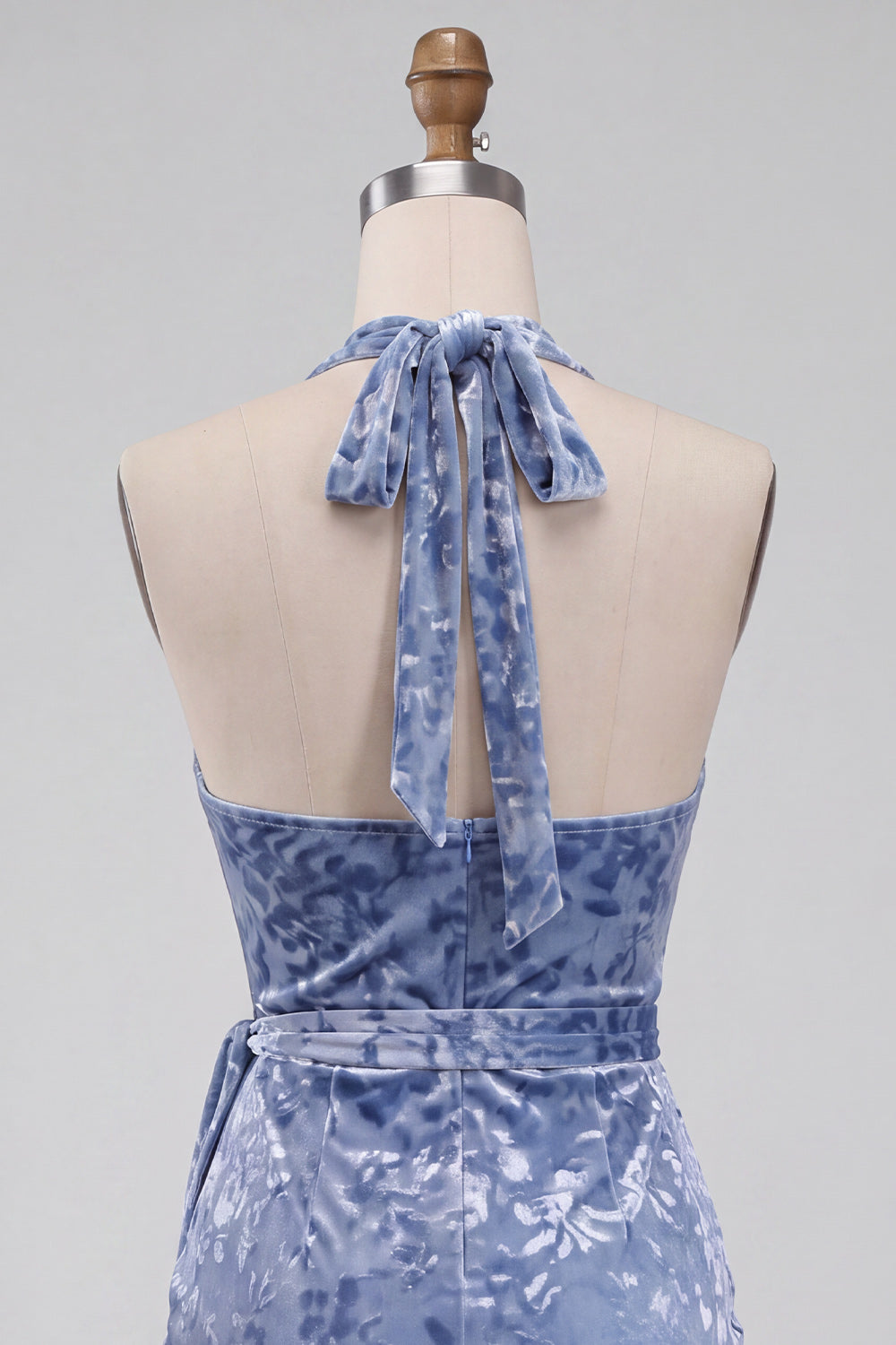 Floral Slate Blue Velvet Halter Tight Short Homecoming Dress with Bow
