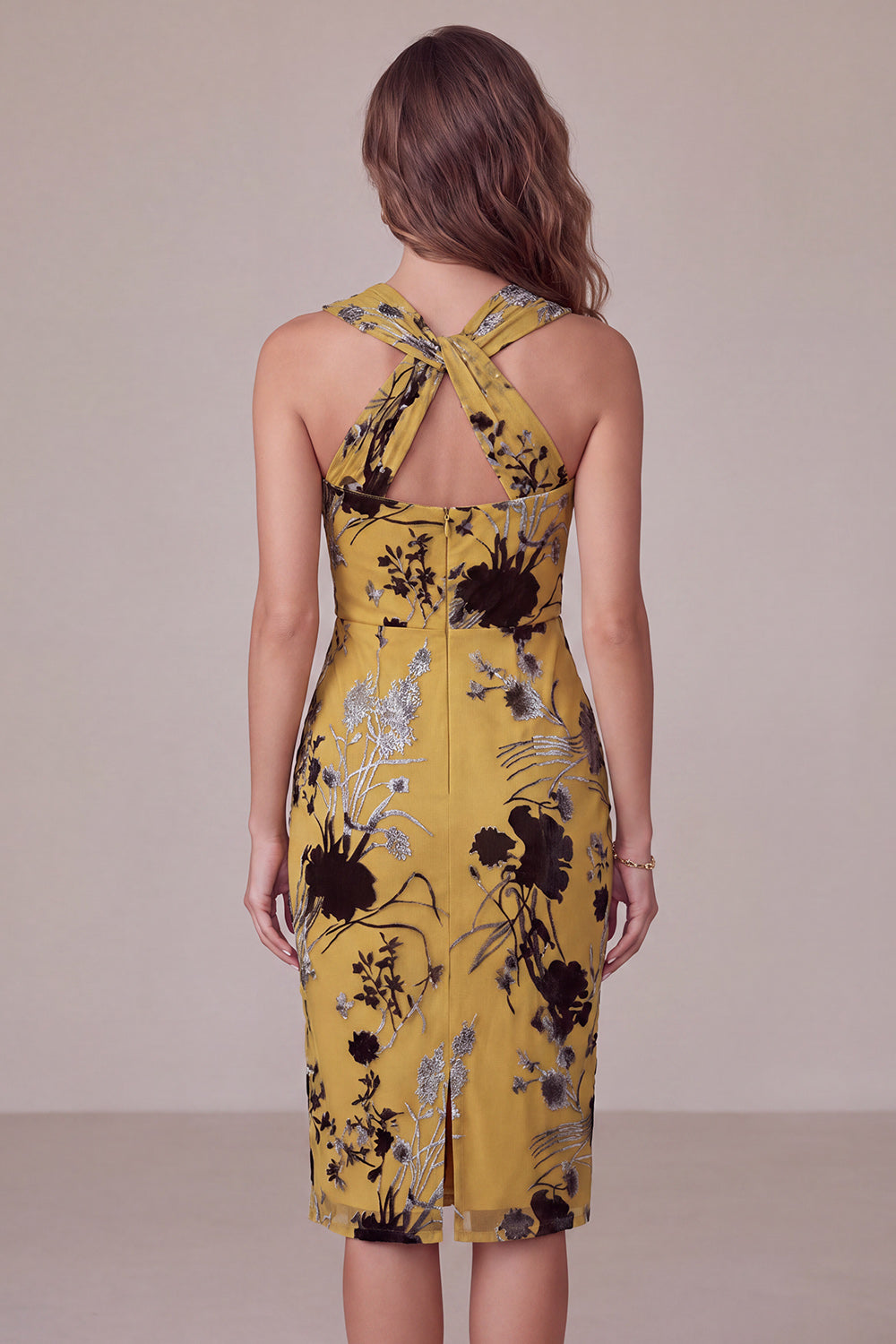 Floral Ginger Yellow Keyhole Sheath Midi Cocktail Dress