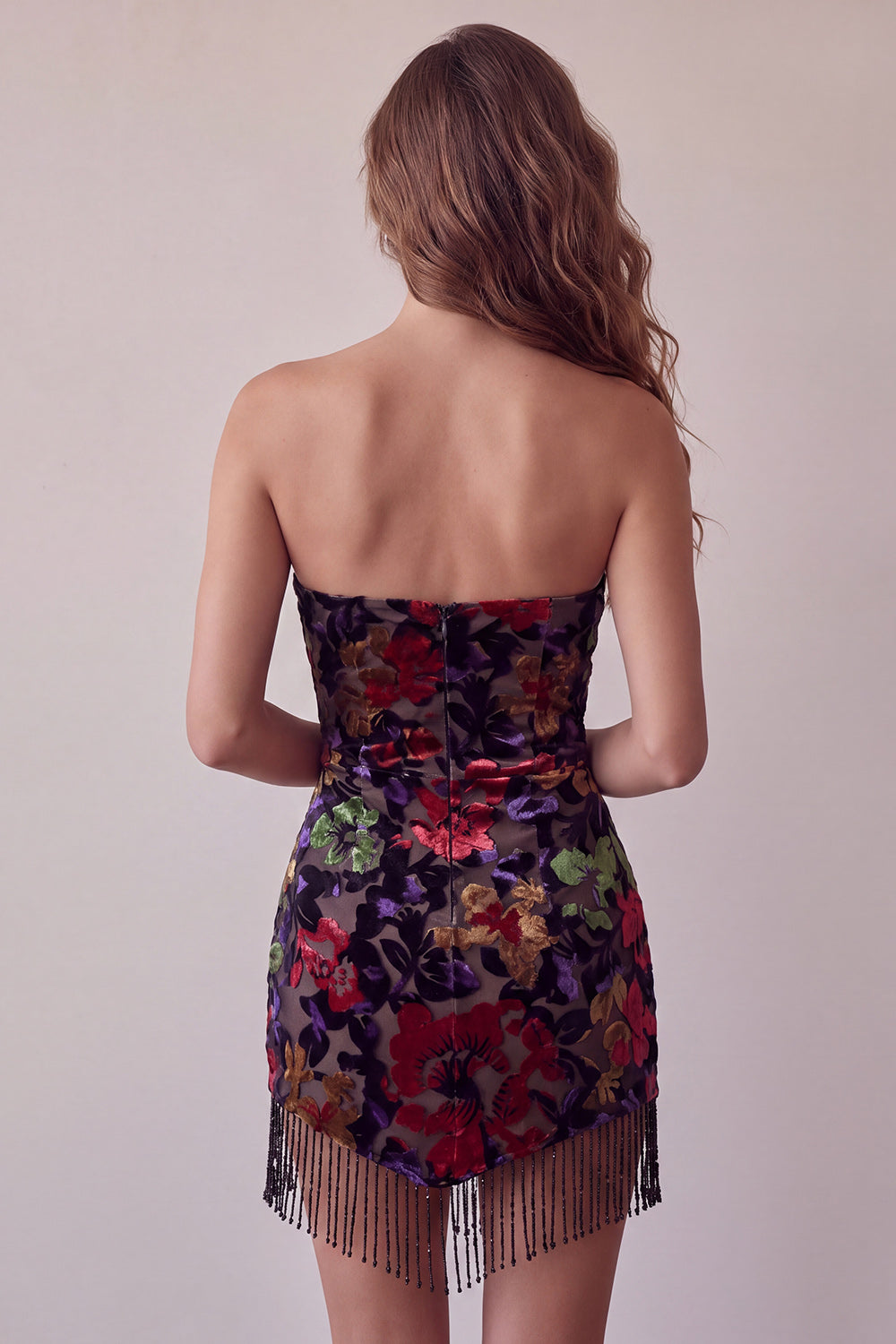 Floral Strapless Black Tight Short Homecoming Dress with Fringes