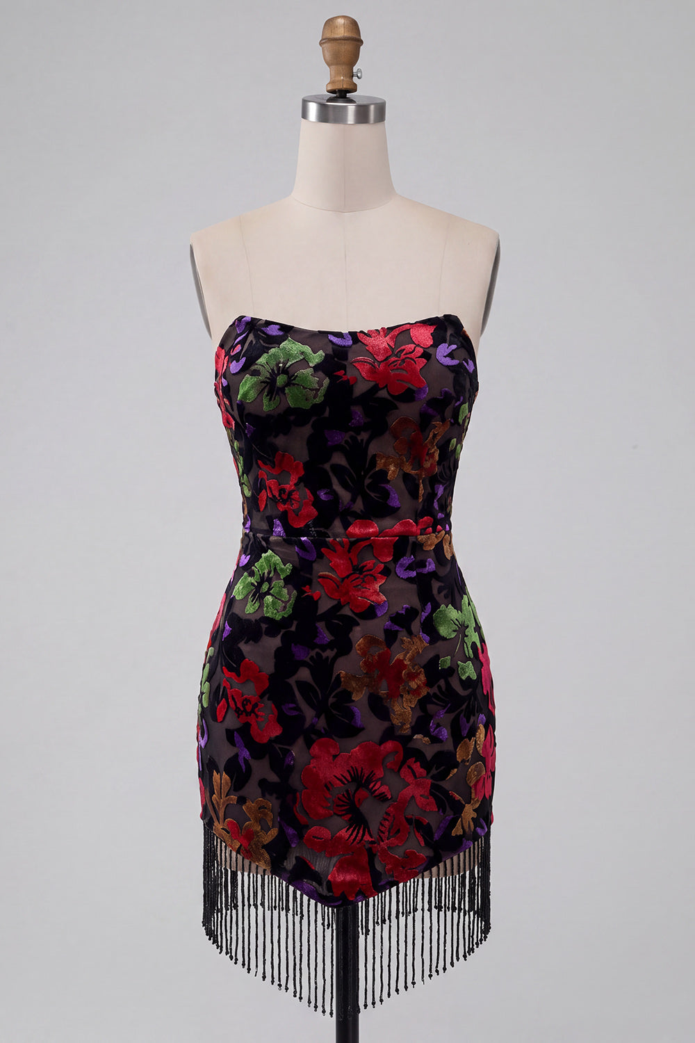 Floral Strapless Black Tight Short Homecoming Dress with Fringes