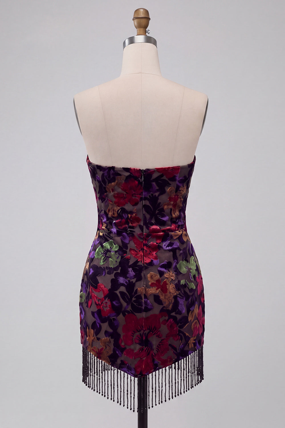 Floral Strapless Black Tight Short Homecoming Dress with Fringes