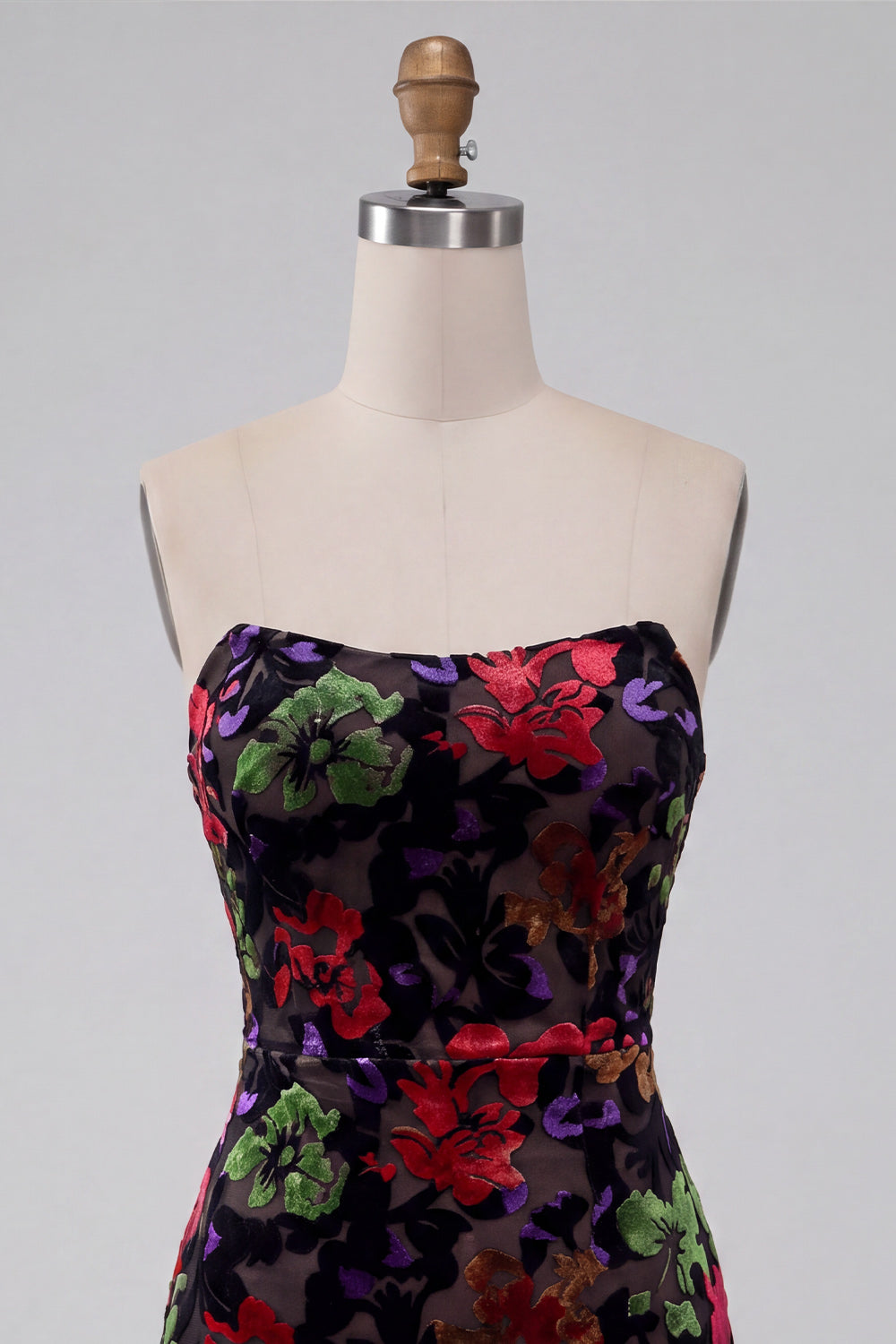Floral Strapless Black Tight Short Homecoming Dress with Fringes