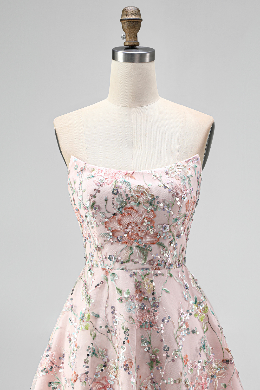 Blush Floral Sparkly Sequin A Line Short Homecoming Dress