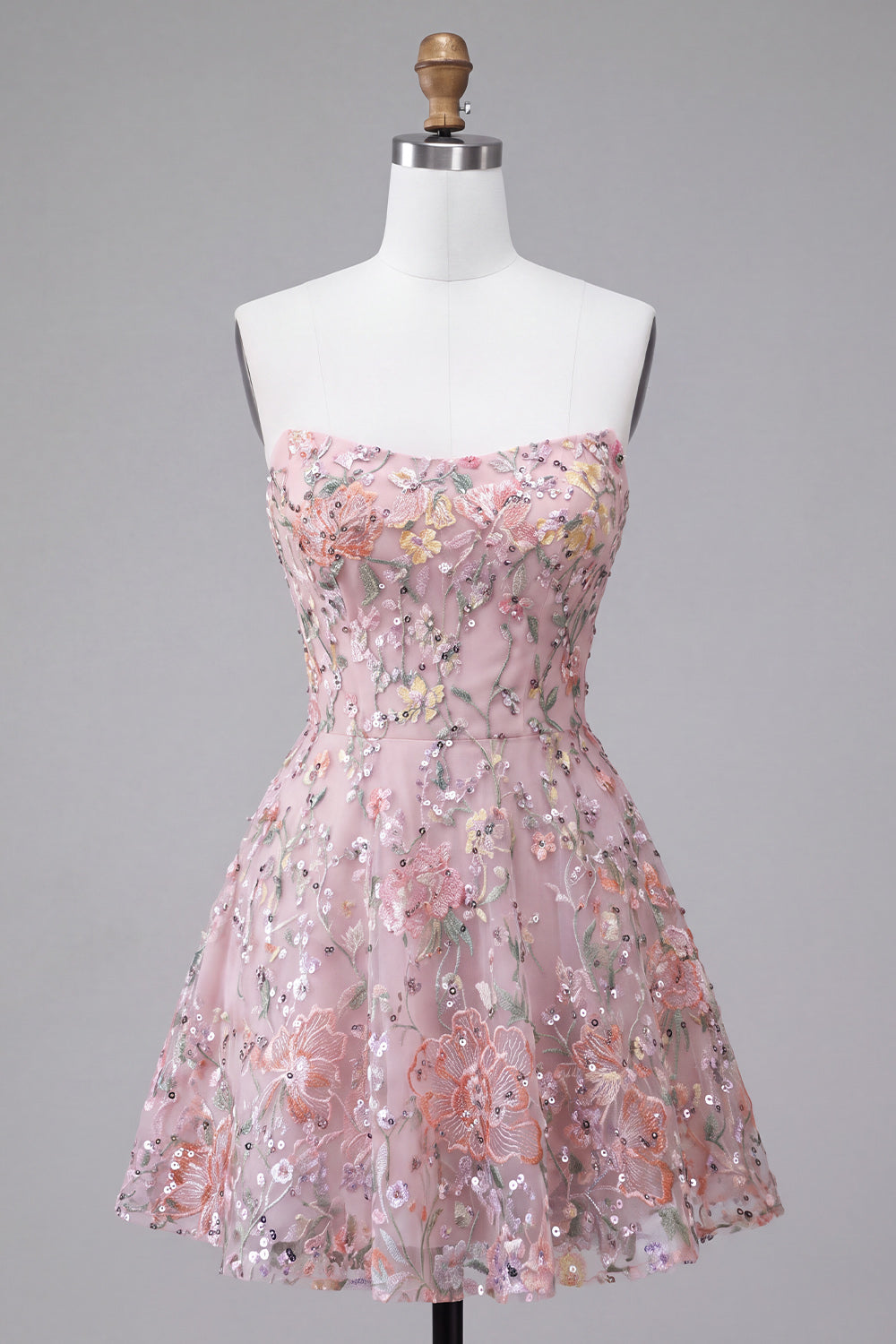 Blush Floral Sparkly Sequin A Line Short Homecoming Dress