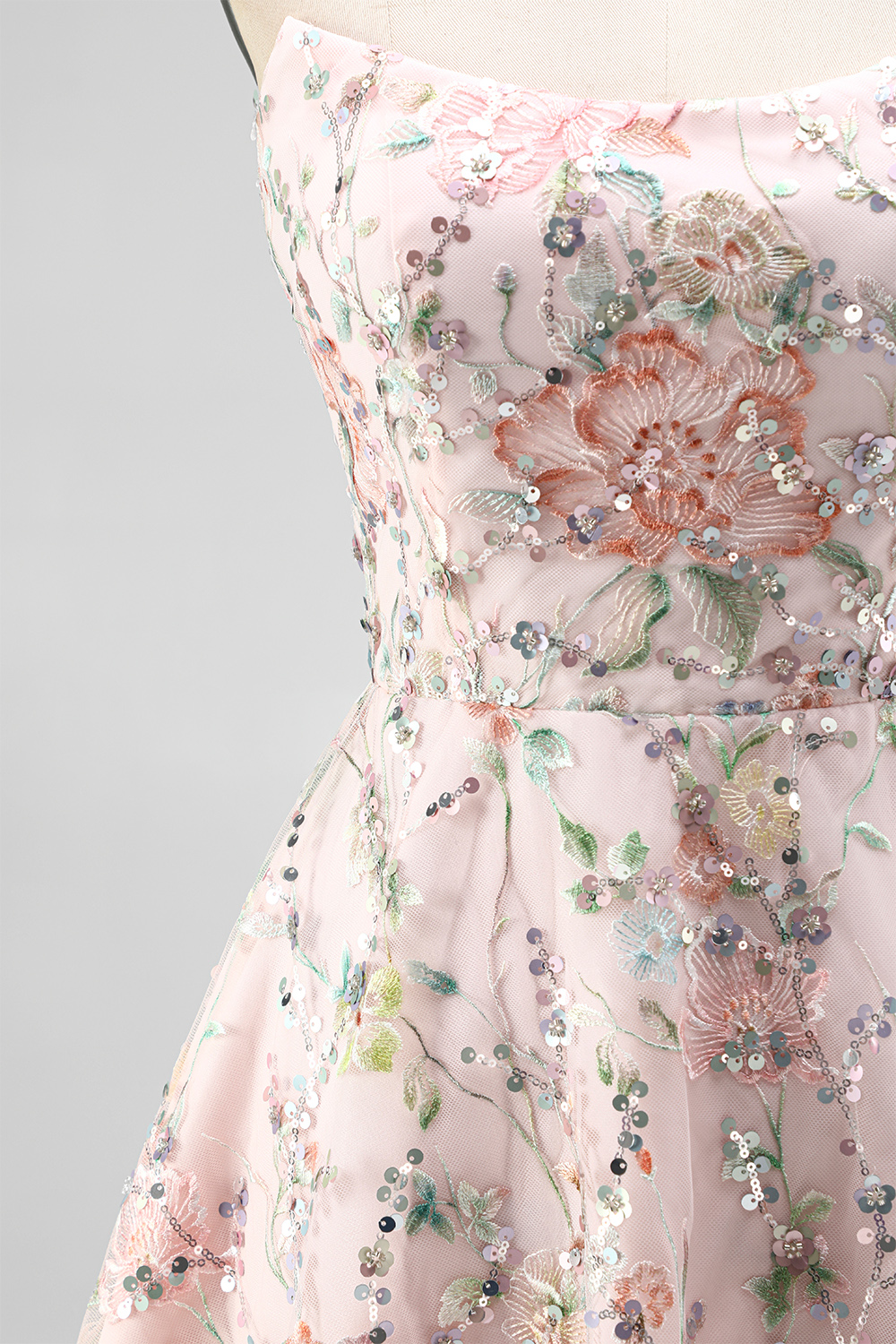 Blush Floral Sparkly Sequin A Line Short Homecoming Dress