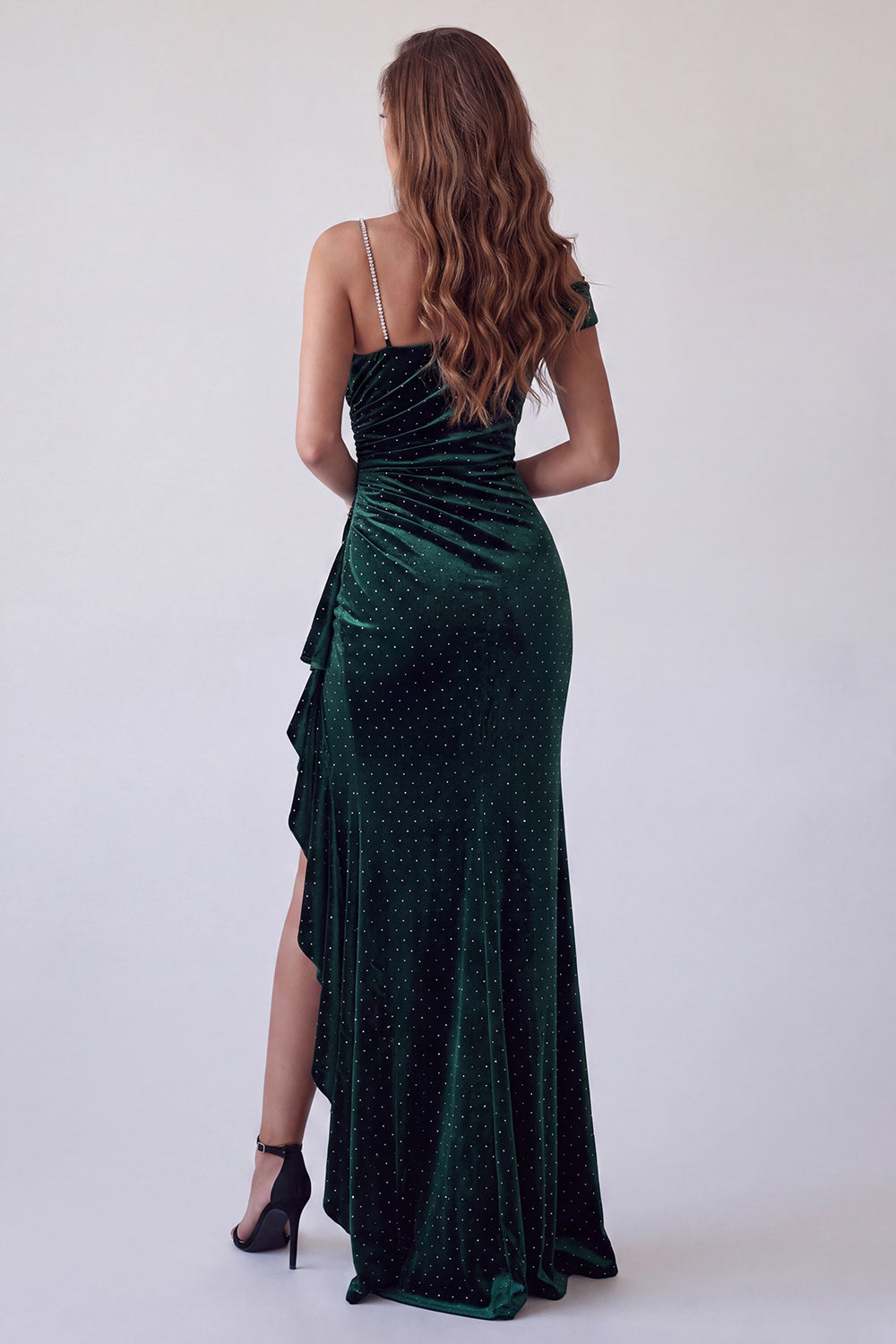 Dark Green Sparkly Beaded Ruffled Velvet Sheath Long Formal Dress with Slit