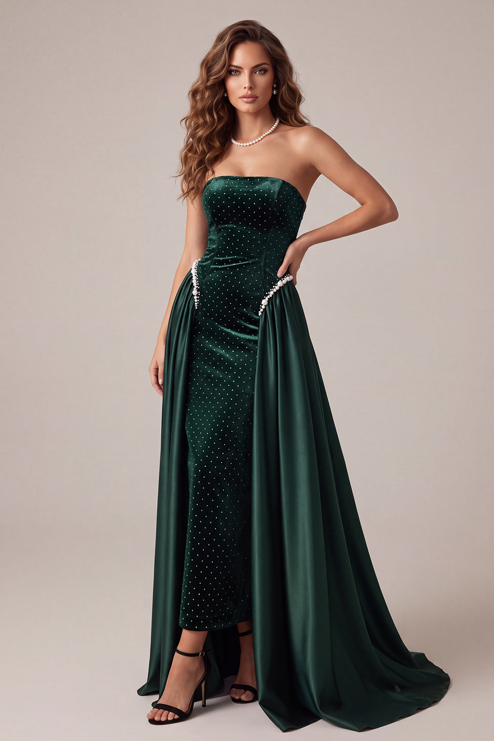 Dark Green Sparkly Strapless Beaded Velvet Long Formal Dress with Cape