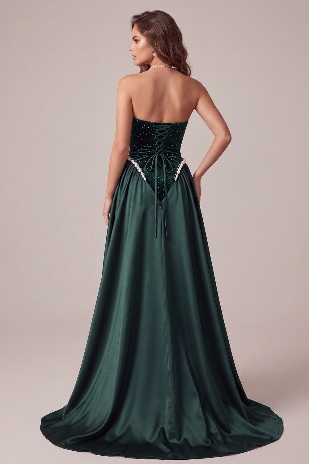 Dark Green Sparkly Strapless Beaded Velvet Long Formal Dress with Cape