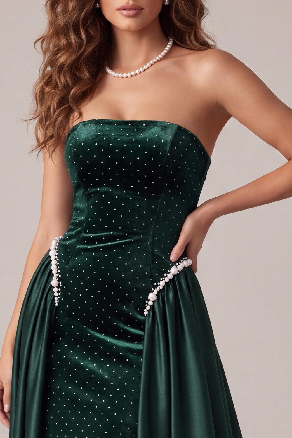 Dark Green Sparkly Strapless Beaded Velvet Long Formal Dress with Cape