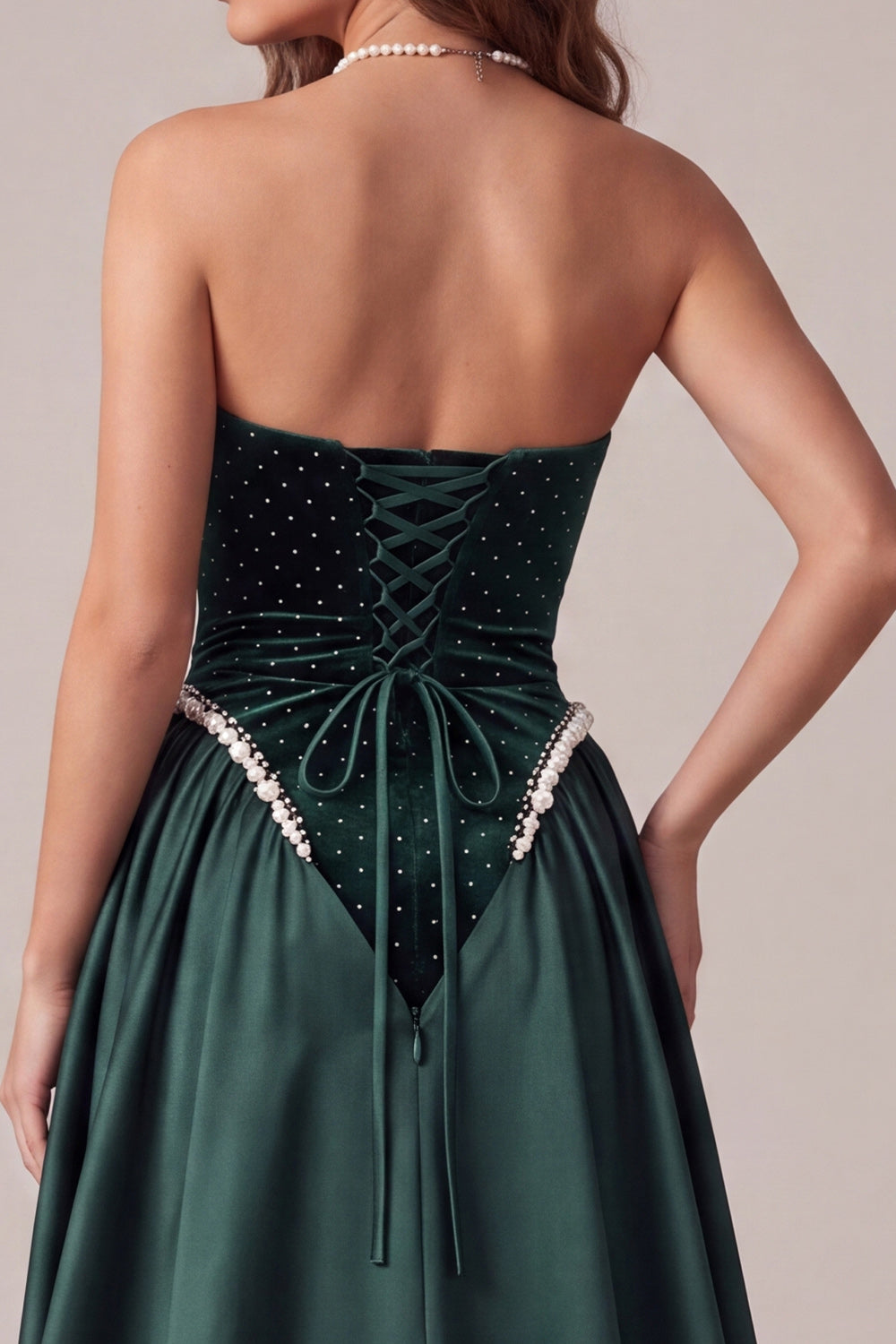 Dark Green Sparkly Strapless Beaded Velvet Long Formal Dress with Cape