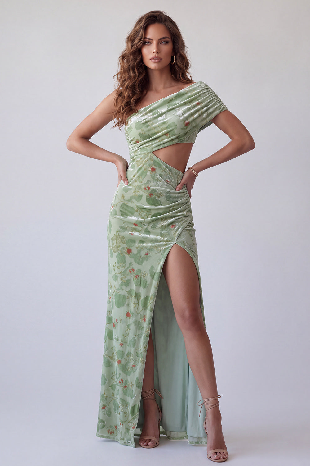 Dusty Sage Velvet Floral Sheath Ruched Long Formal Dress with Slit