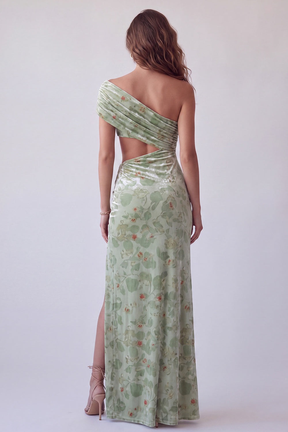 Dusty Sage Velvet Floral Sheath Ruched Long Formal Dress with Slit