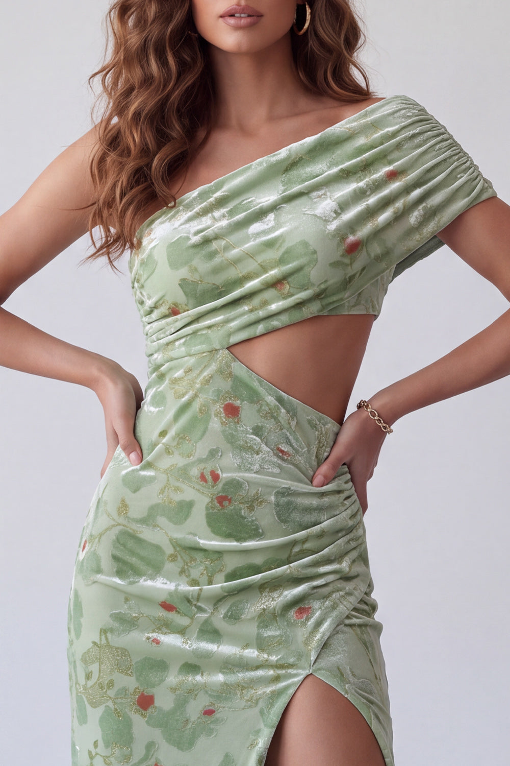 Dusty Sage Velvet Floral Sheath Ruched Long Formal Dress with Slit