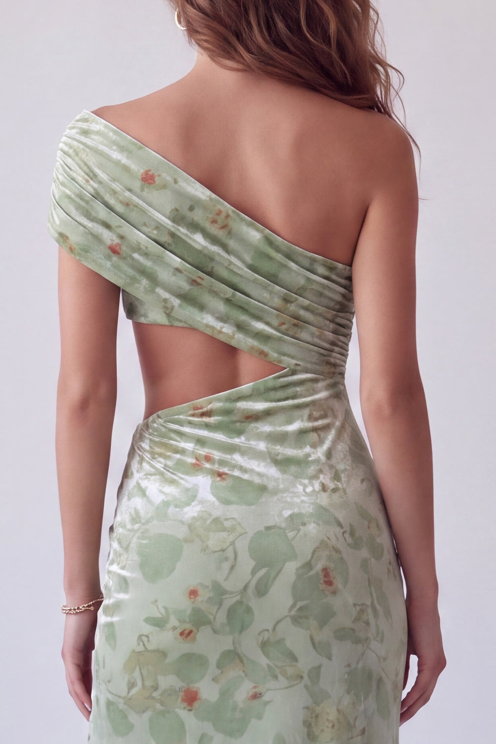 Dusty Sage Velvet Floral Sheath Ruched Long Formal Dress with Slit
