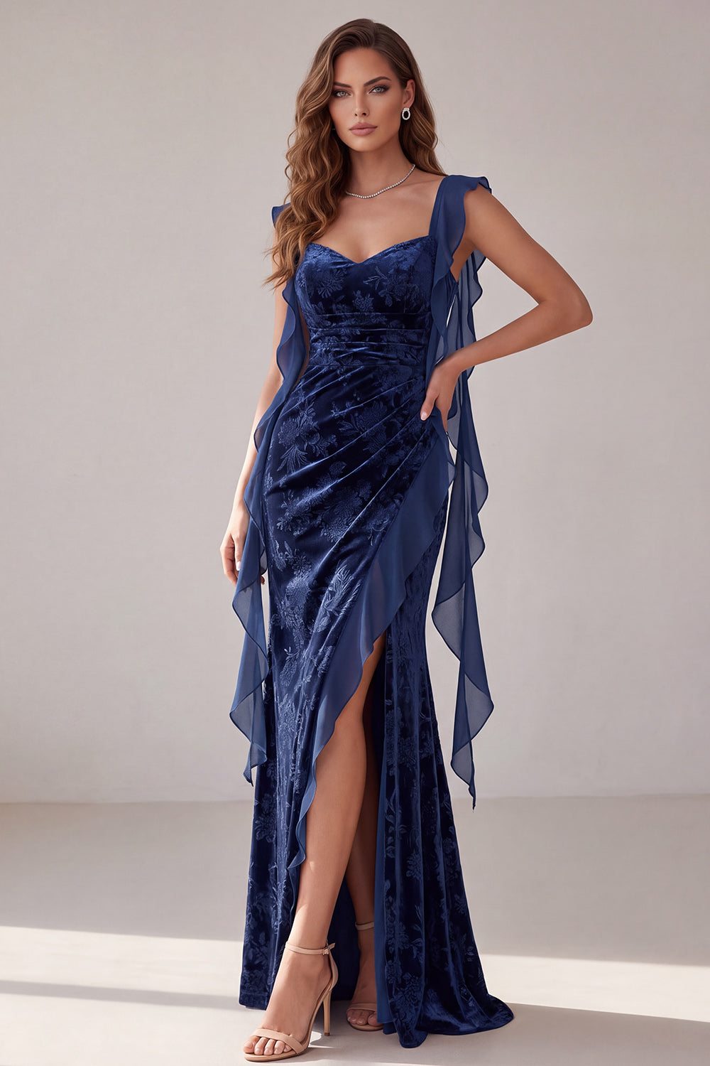 Navy Ruched Velvet Sheath Floral Long Formal Dress with Slit