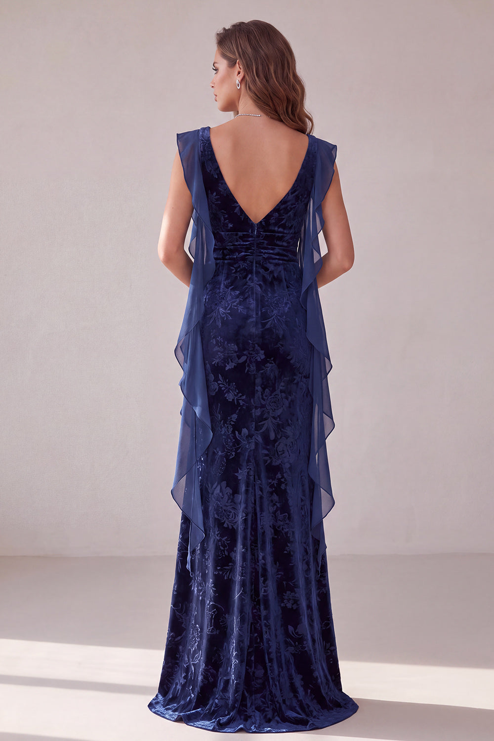 Navy Ruched Velvet Sheath Floral Long Formal Dress with Slit