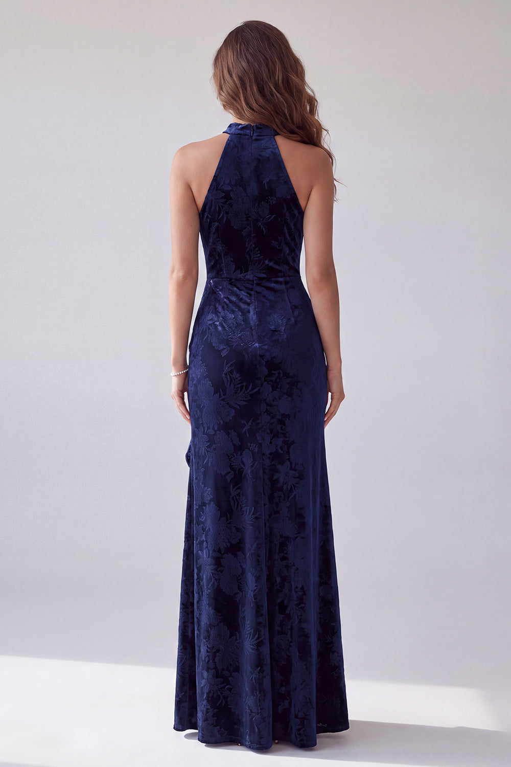 Navy Velvet Halter Ruffled Floral Sheath Long Formal Dress with Slit