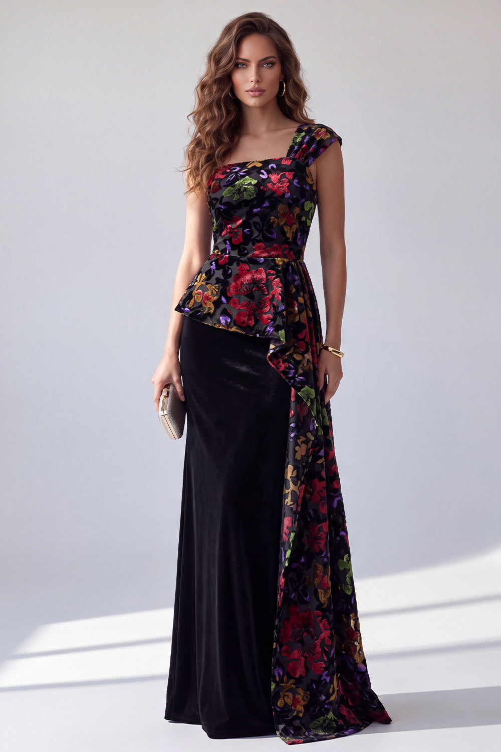 Floral Velvet Black One Shoulder Long Formal Dress with Side Cape