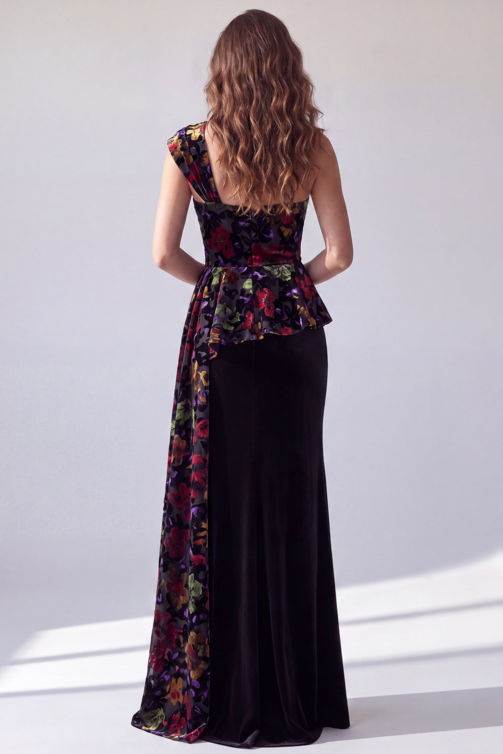 Floral Velvet Black One Shoulder Long Formal Dress with Side Cape