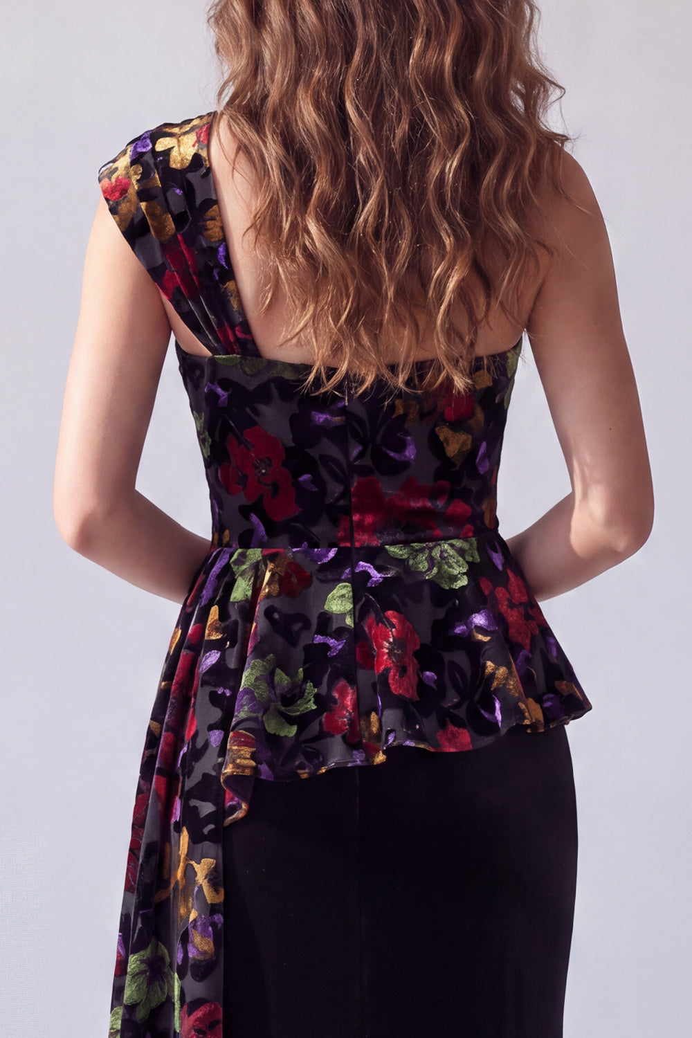 Floral Velvet Black One Shoulder Long Formal Dress with Side Cape