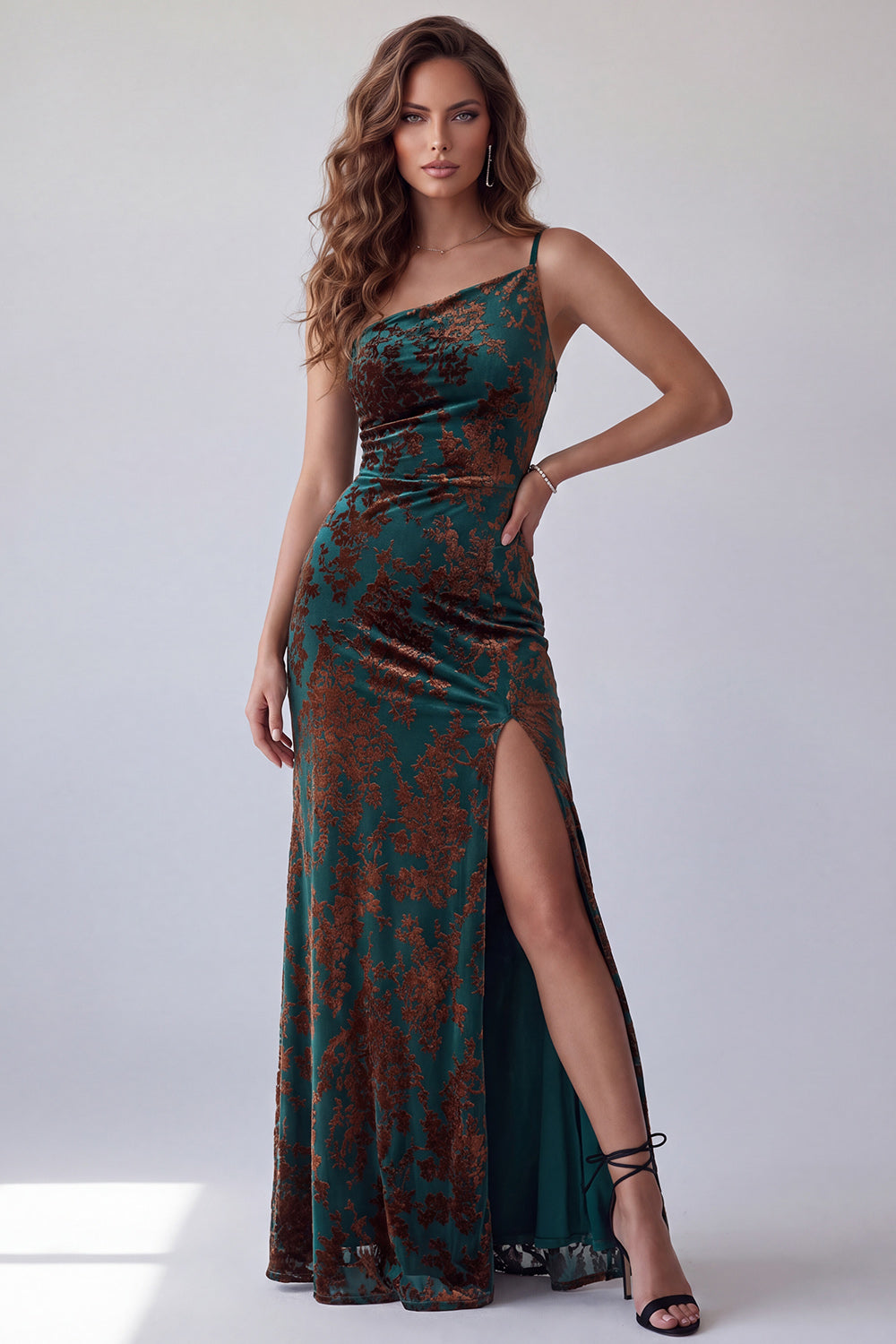 Floral Sheath Dark Green One Shoulder Velvet Long Formal Dress with Slit