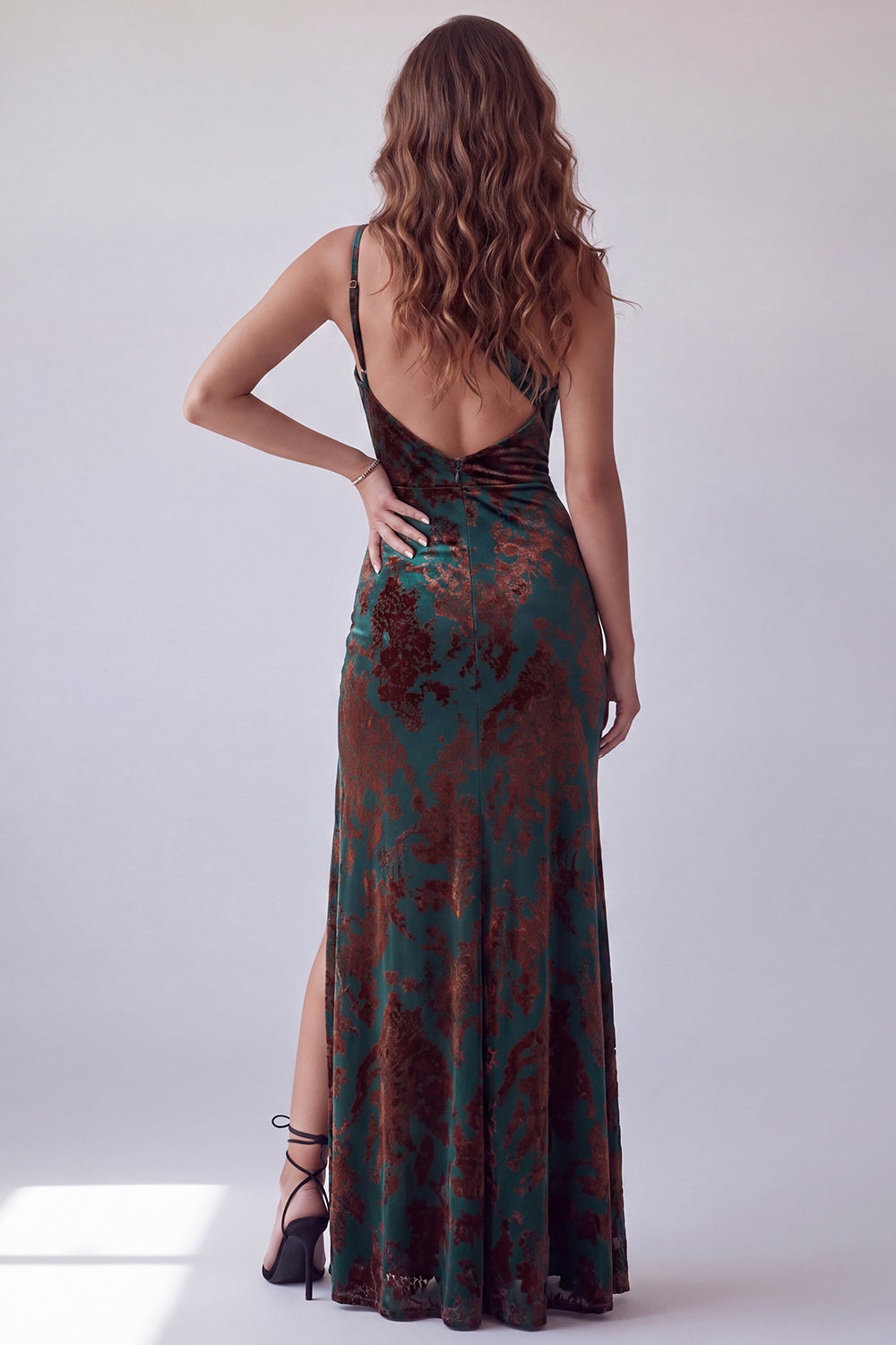 Floral Sheath Dark Green One Shoulder Velvet Long Formal Dress with Slit