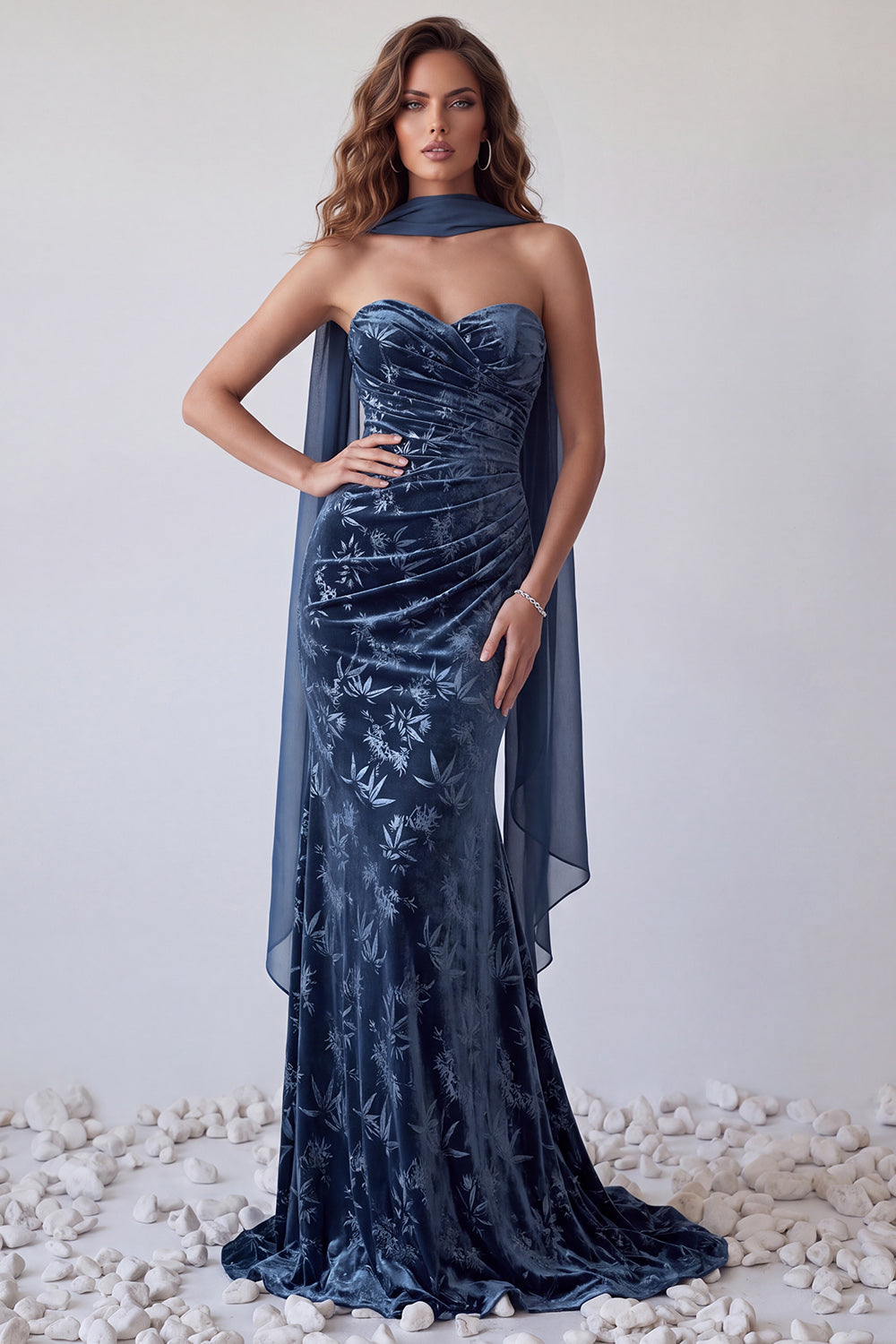 Floral Mermaid Navy Ruched Long Velvet Formal Dress with Neck Scarf