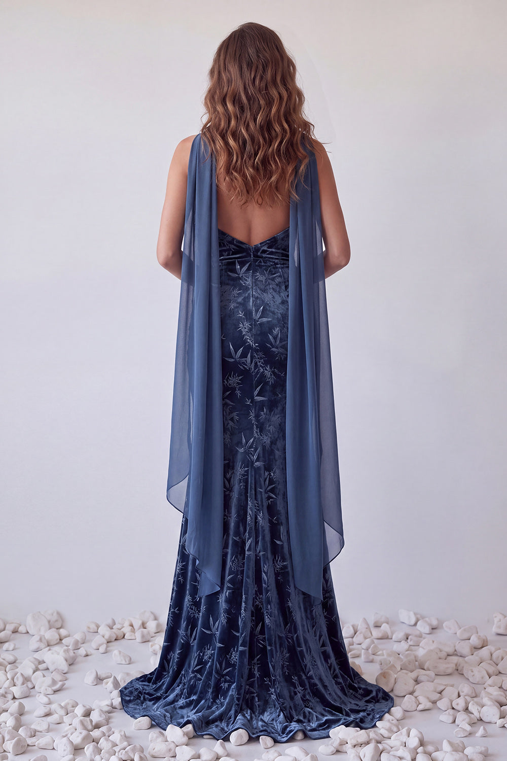Floral Mermaid Navy Ruched Long Velvet Formal Dress with Neck Scarf
