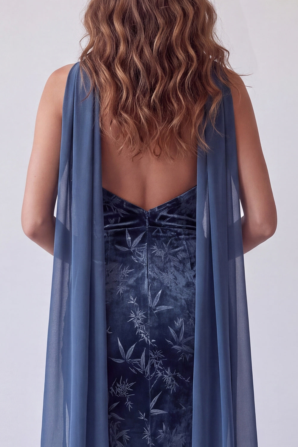 Floral Mermaid Navy Ruched Long Velvet Formal Dress with Neck Scarf