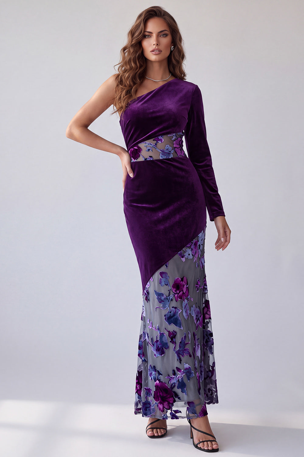 Velvet Floral Plum Sheath One Shoulder Long Sleeve Formal Dress