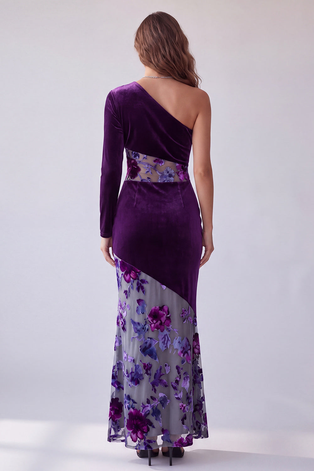 Velvet Floral Plum Sheath One Shoulder Long Sleeve Formal Dress
