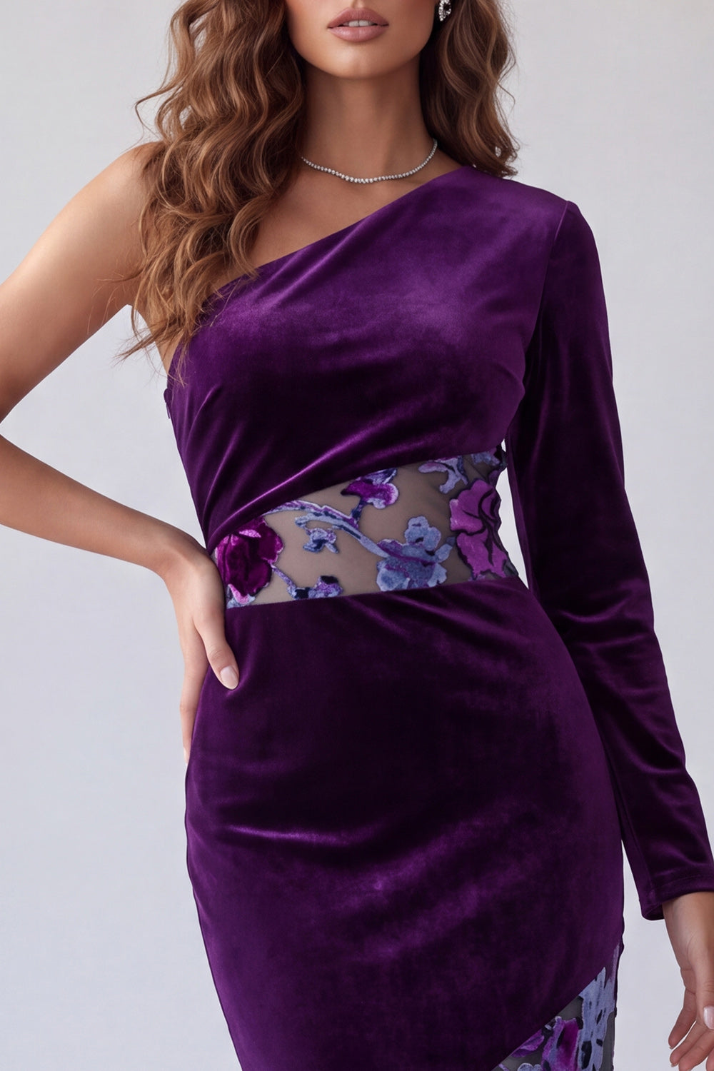 Velvet Floral Plum Sheath One Shoulder Long Sleeve Formal Dress