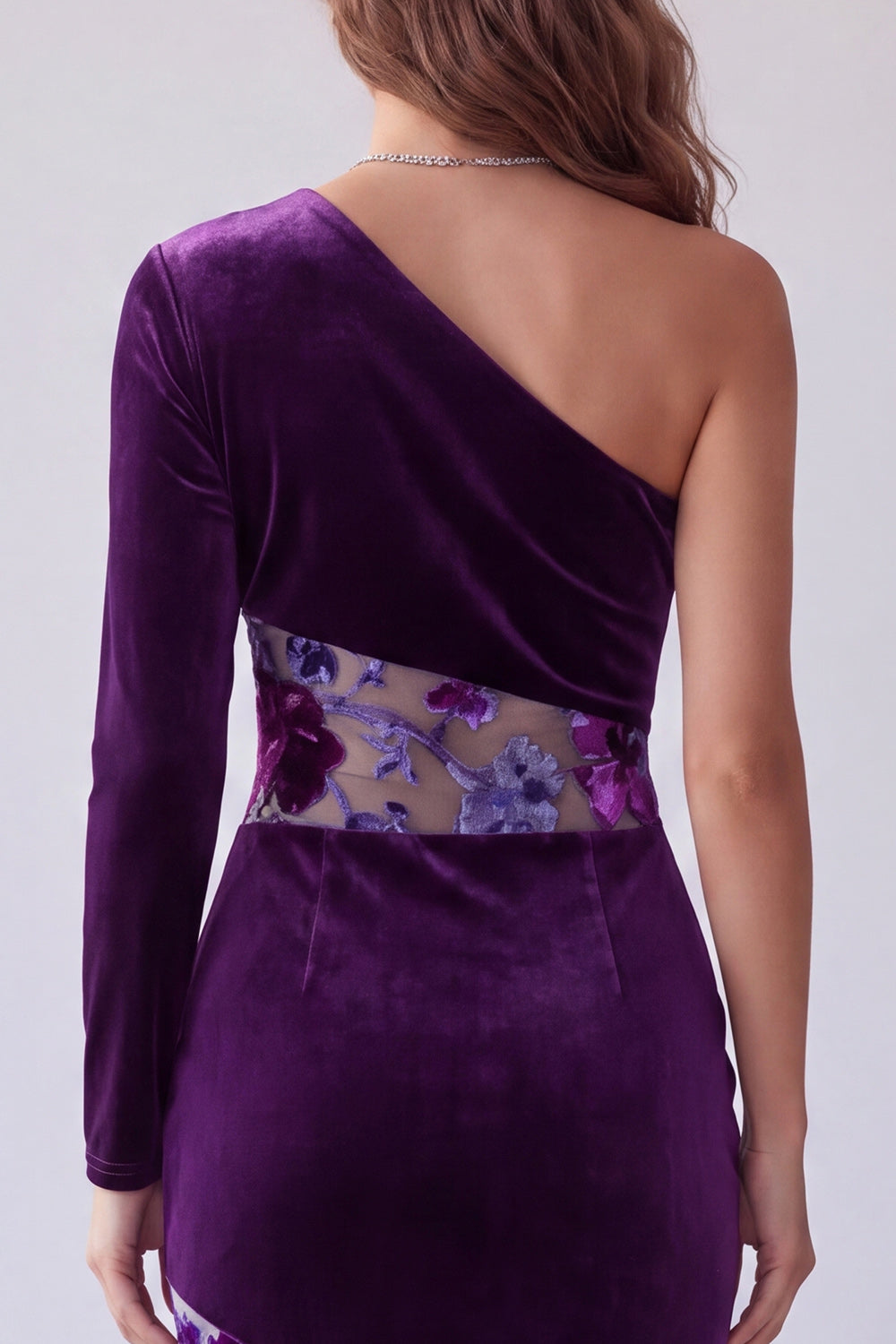 Velvet Floral Plum Sheath One Shoulder Long Sleeve Formal Dress
