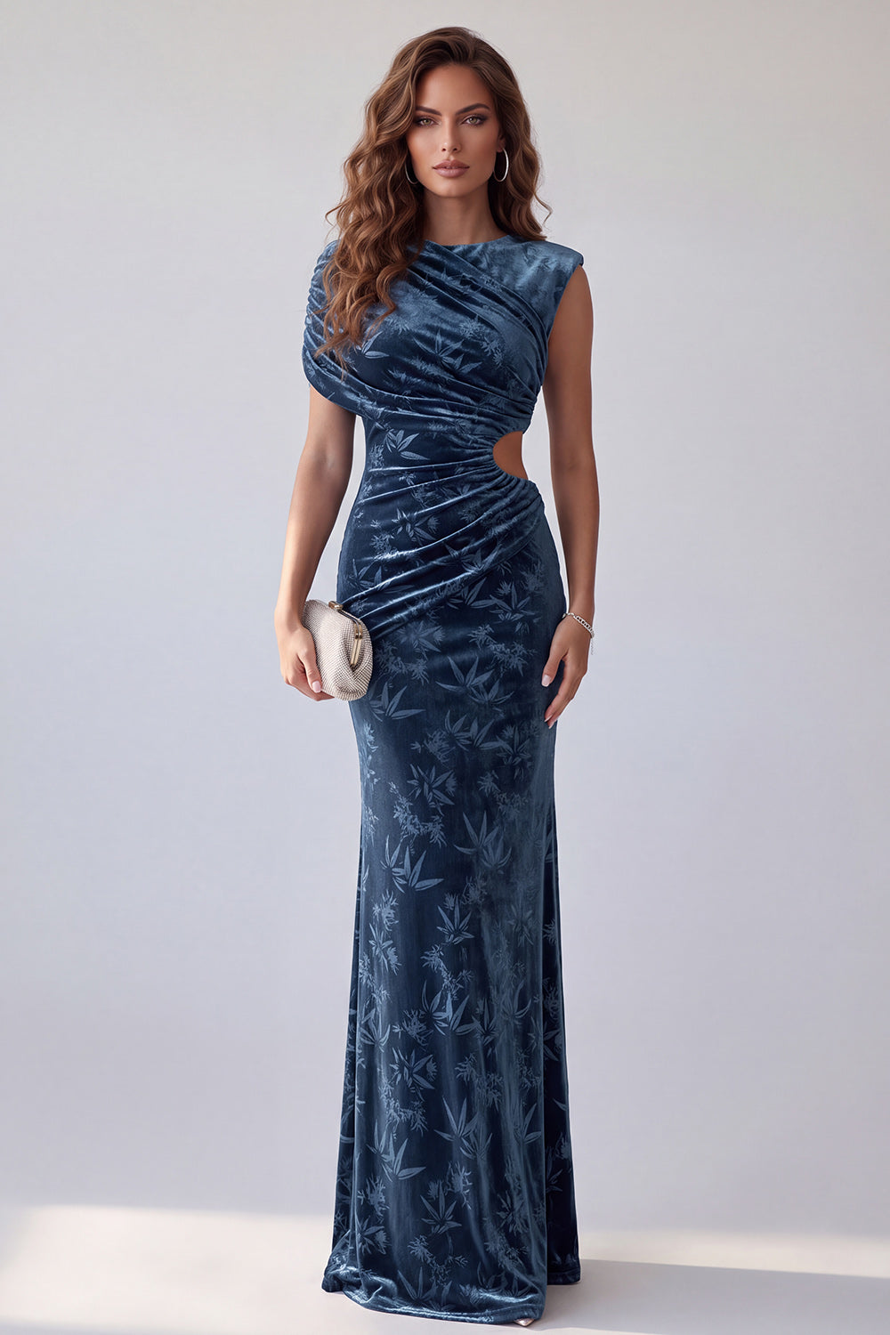 Floral Mermaid Navy Velvet Ruched Cut Out Long Formal Dress
