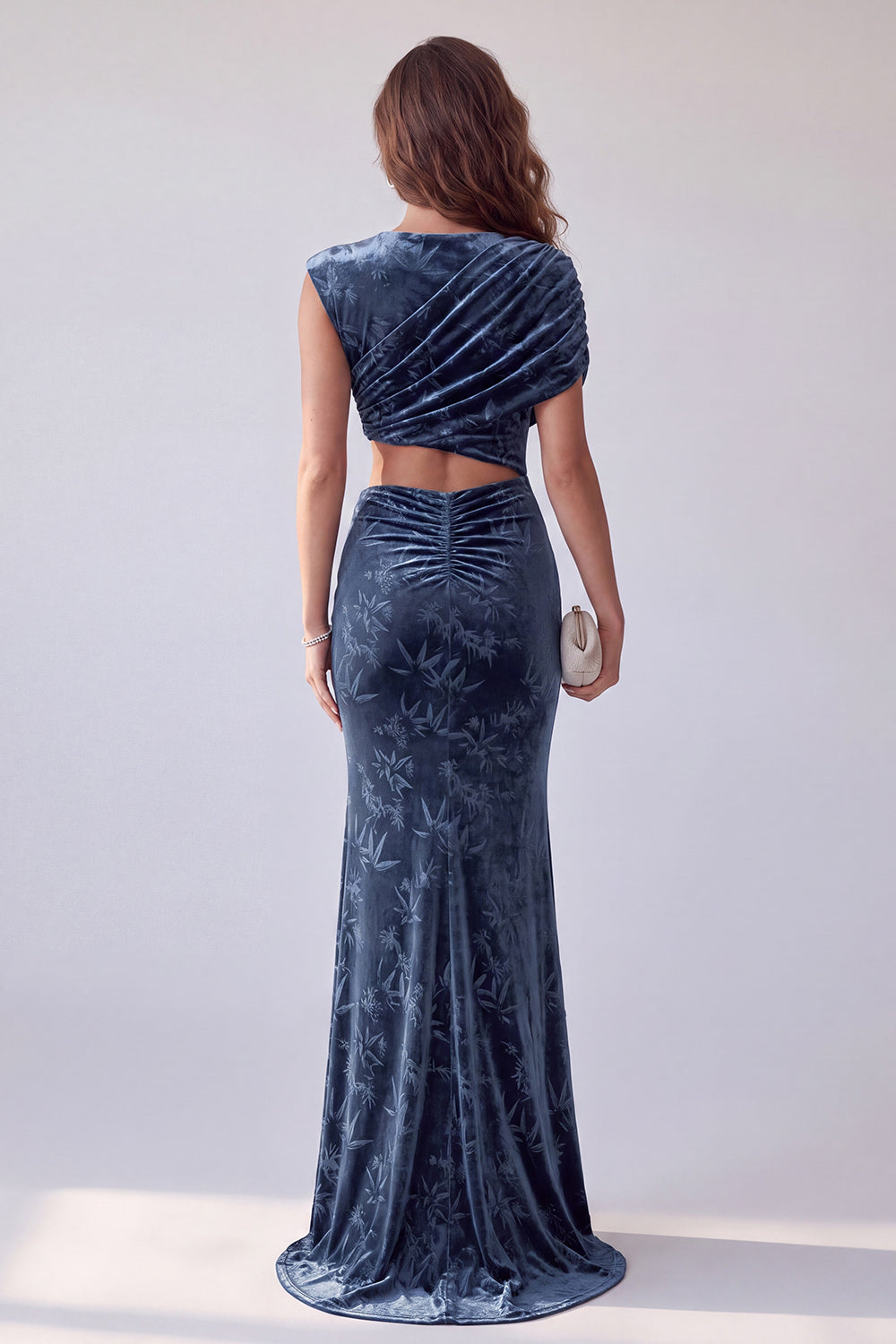 Floral Mermaid Navy Velvet Ruched Cut Out Long Formal Dress