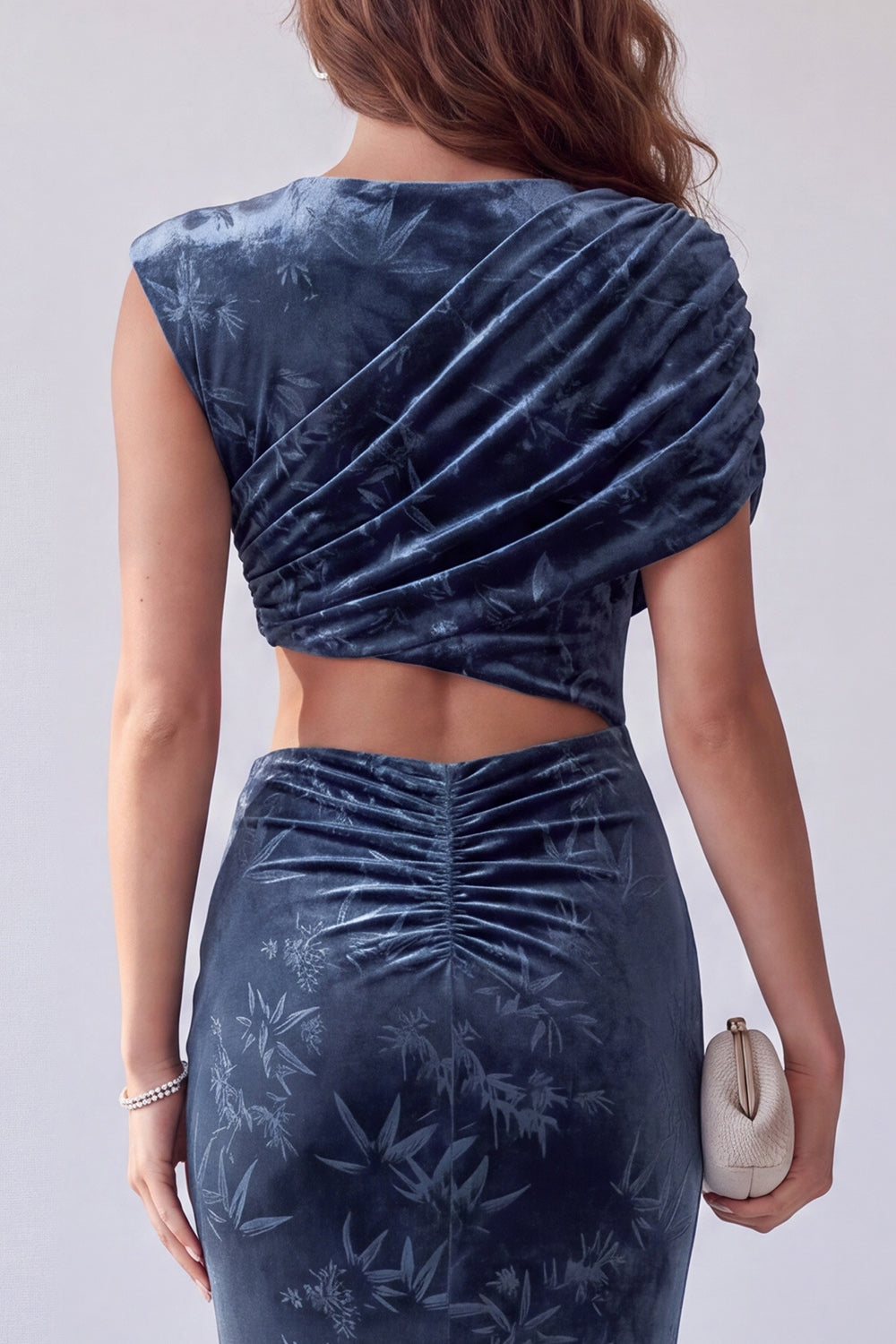 Floral Mermaid Navy Velvet Ruched Cut Out Long Formal Dress