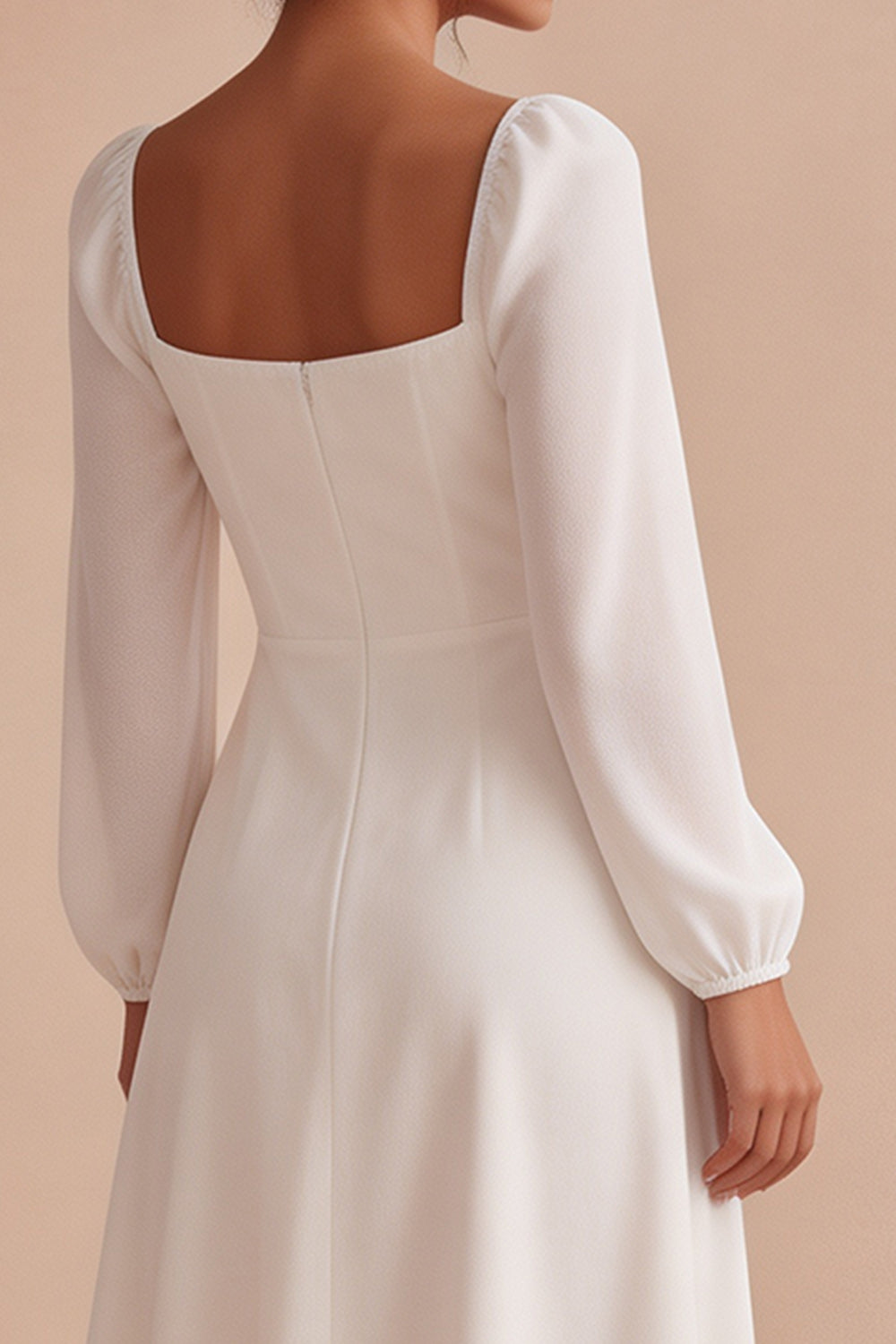 White Chiffon Ruched A Line Midi Engagement Dress with Sleeves