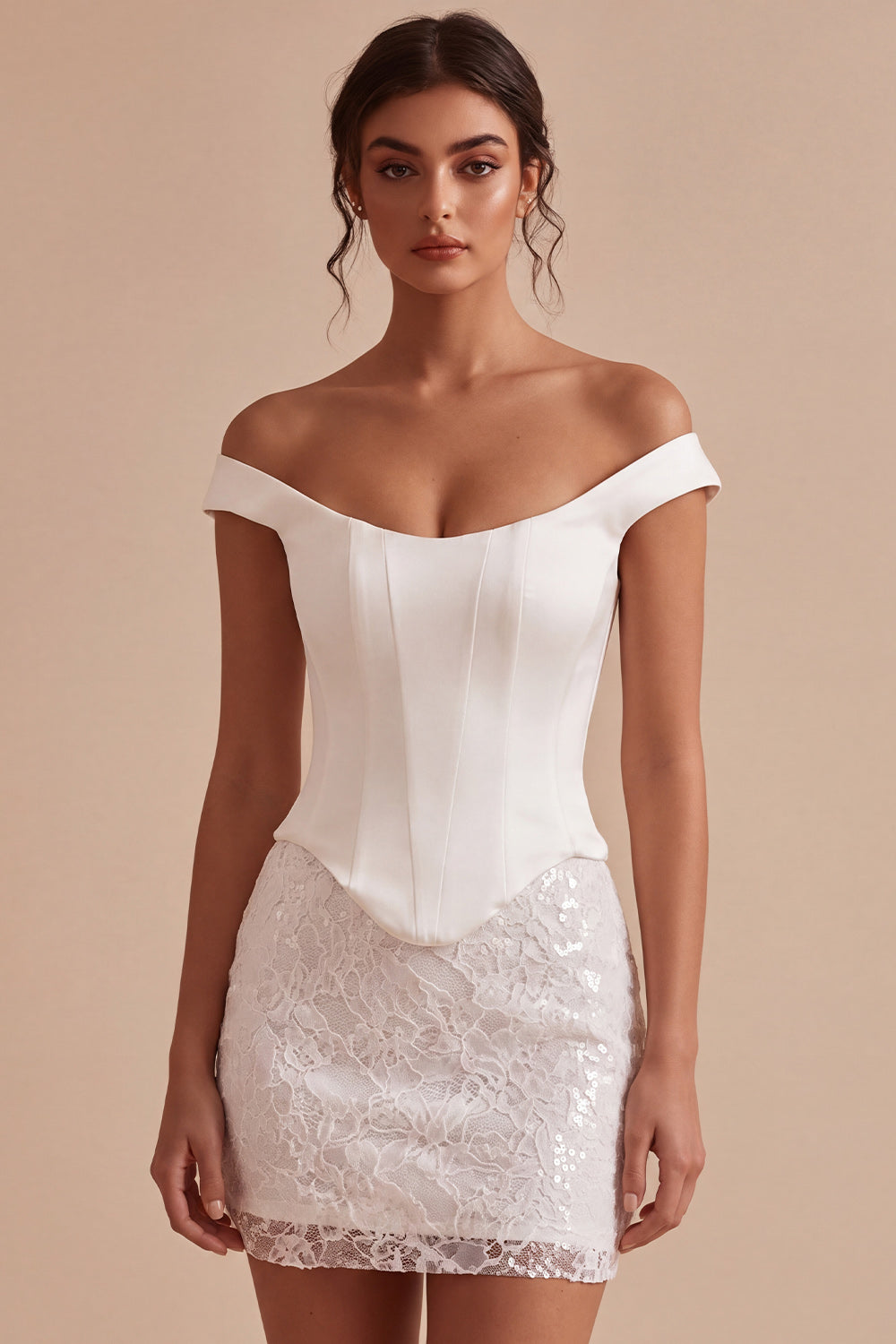 White Lace Off the Shoulder Tight Sequin Corset Short Bridal Shower Dress