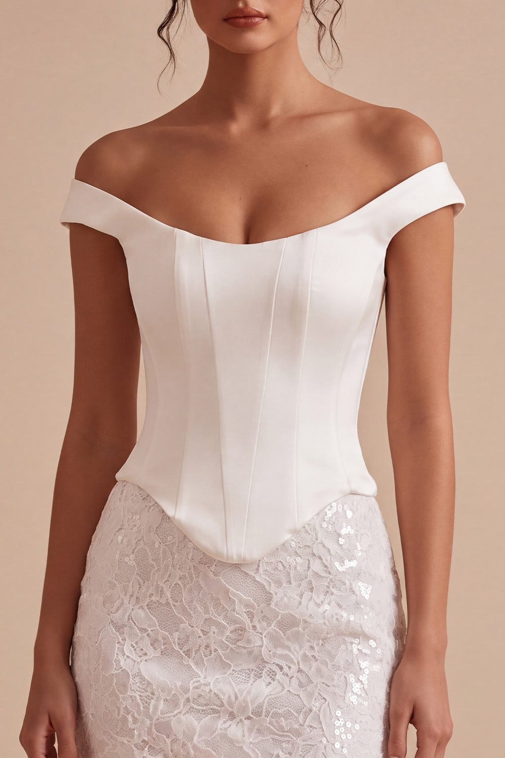 White Lace Off the Shoulder Tight Sequin Corset Short Bridal Shower Dress