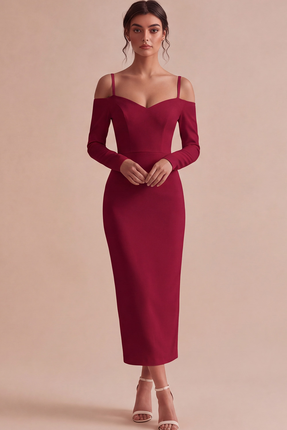 White Cold Shoulder Sheath Maxi Engagement Dress with Sleeves