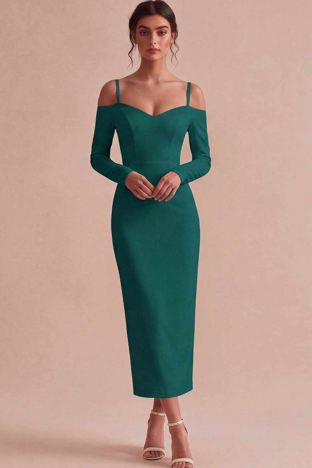 White Cold Shoulder Sheath Maxi Engagement Dress with Sleeves