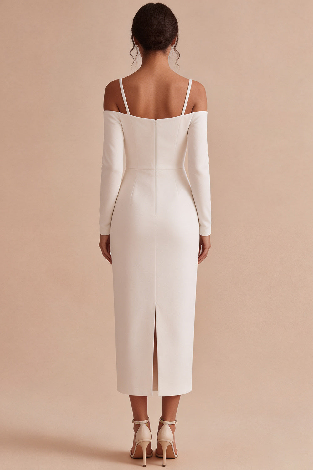 White Cold Shoulder Sheath Maxi Engagement Dress with Sleeves