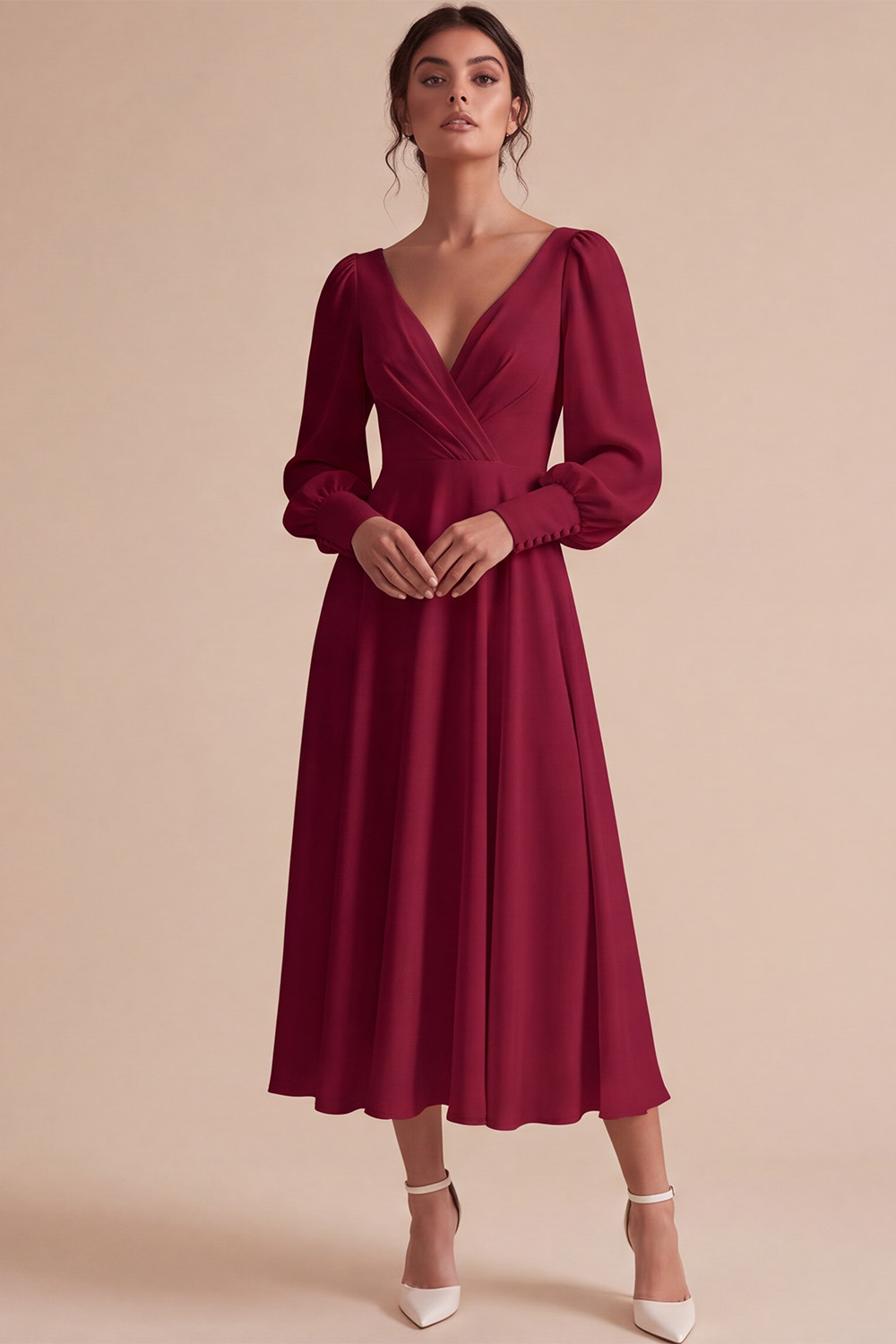 White V-Neck Puff Sleeves A Line Ruched Midi Engagement Dress