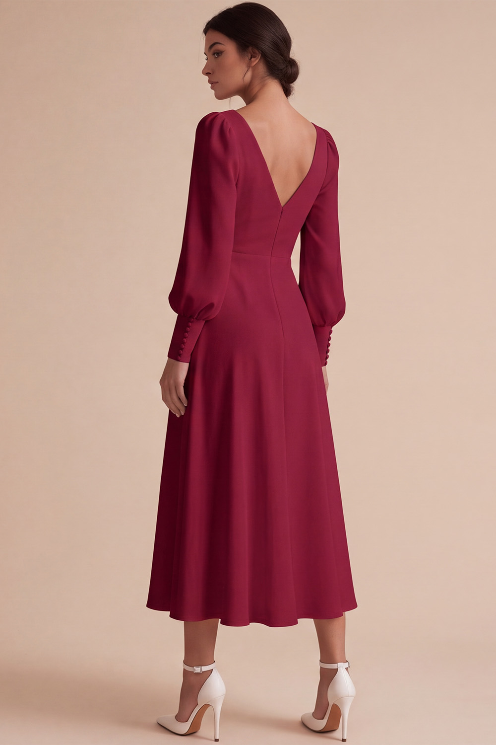 White V-Neck Puff Sleeves A Line Ruched Midi Engagement Dress