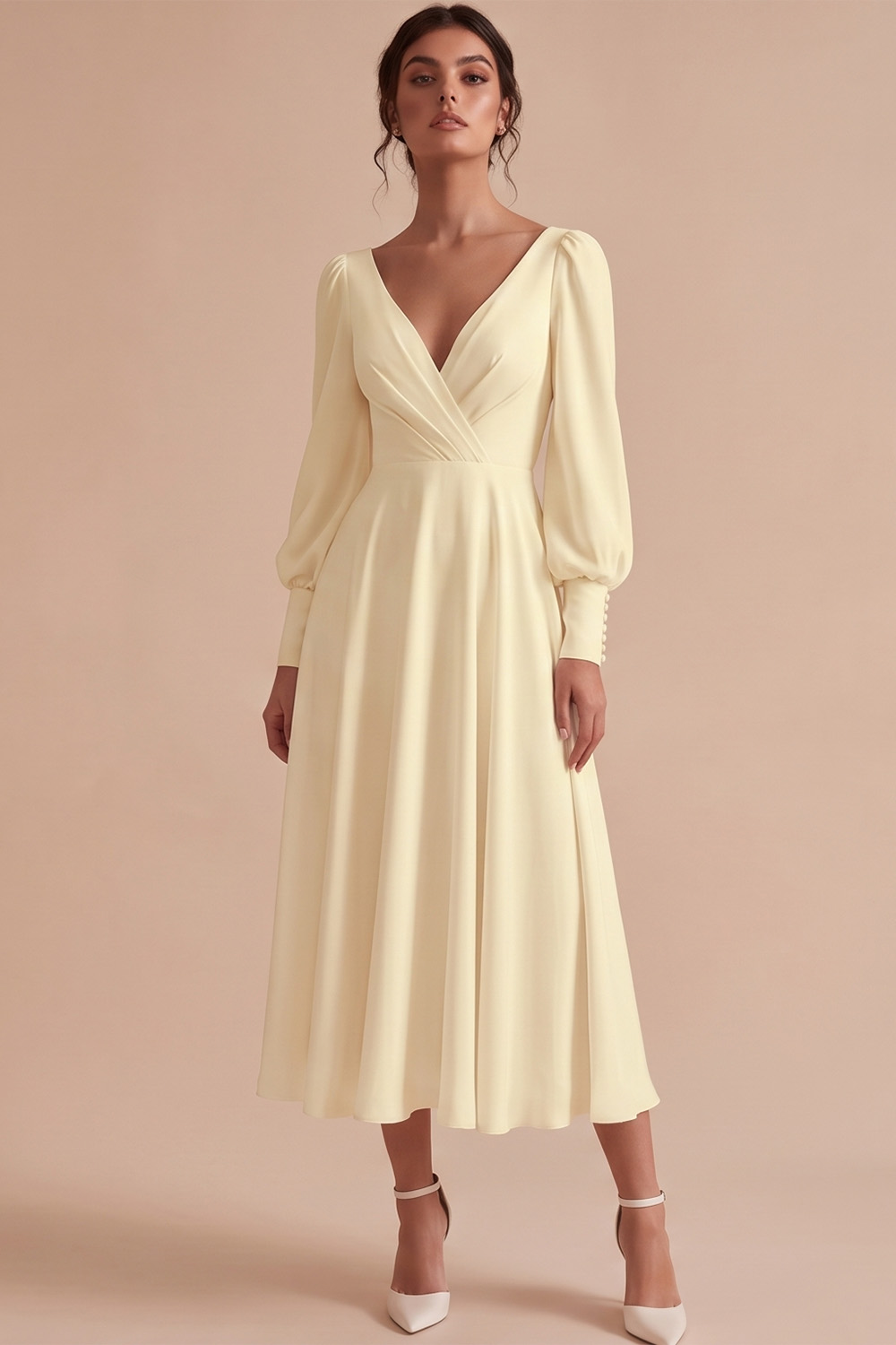 White V-Neck Puff Sleeves A Line Ruched Midi Engagement Dress