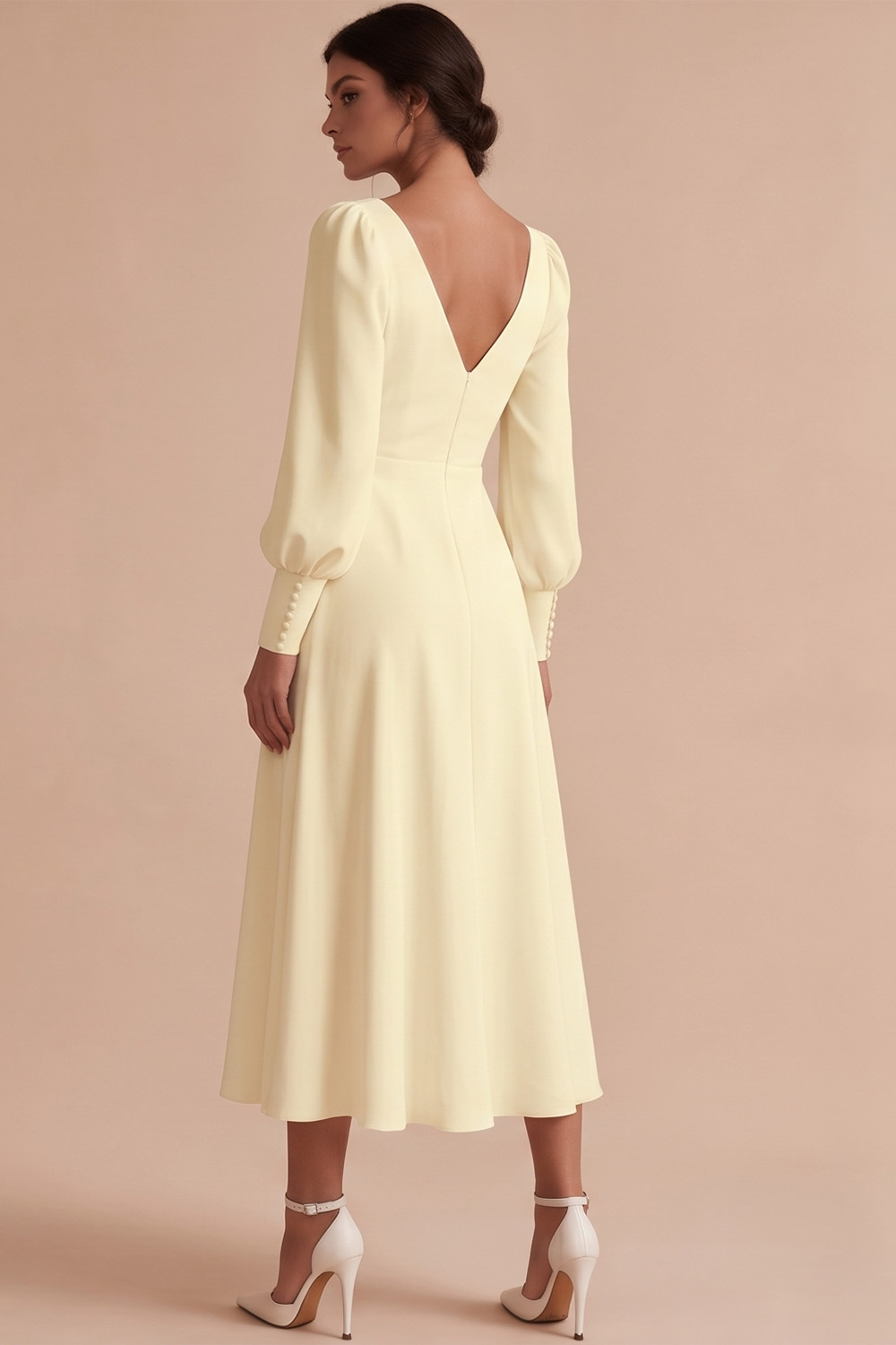 White V-Neck Puff Sleeves A Line Ruched Midi Engagement Dress