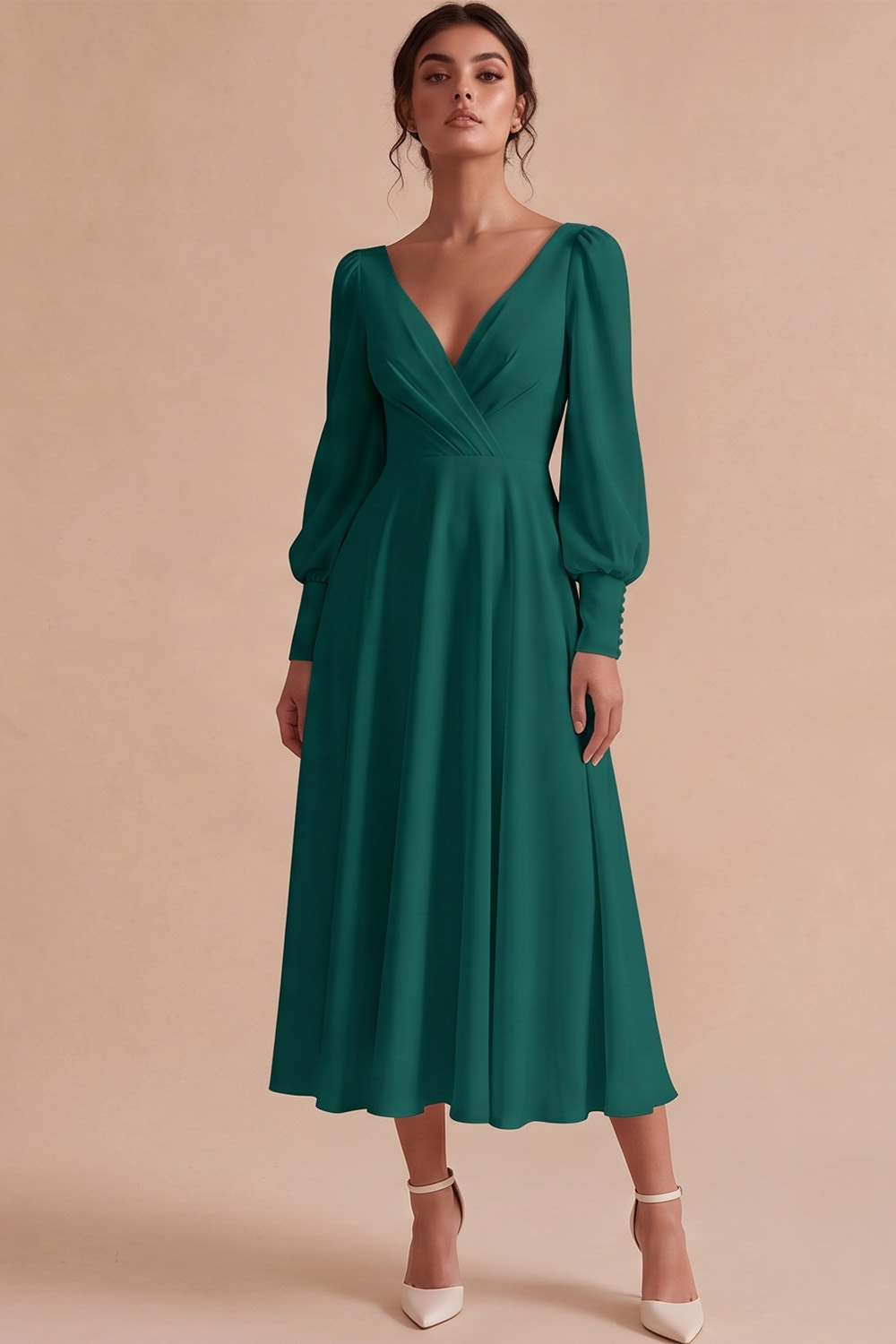 White V-Neck Puff Sleeves A Line Ruched Midi Engagement Dress